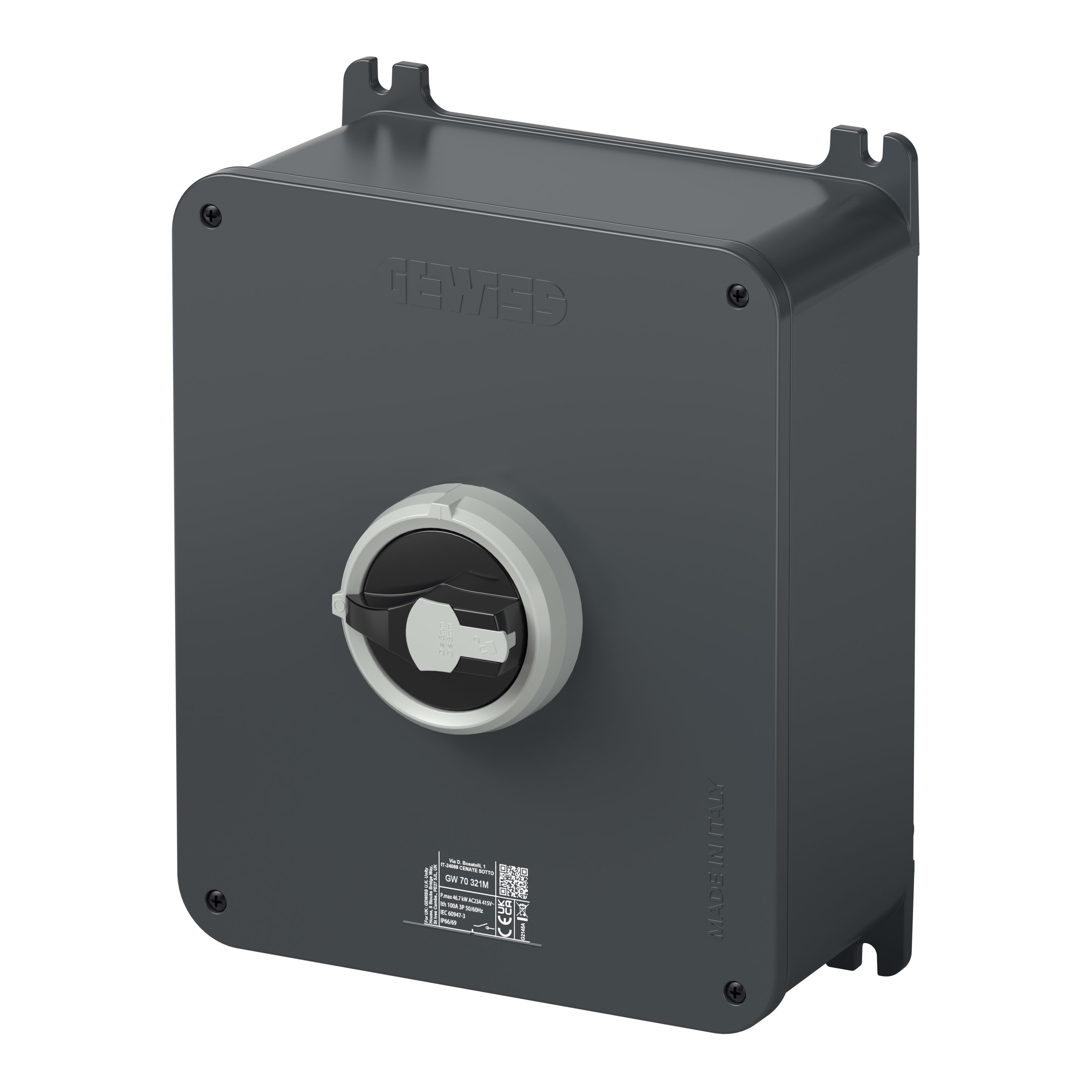 GEWISS - INTERRUTTORE SEZIONATORE ROTATIVO - HP - DA PARETE - COMANDO - CASSETTA IN ALLUMINIO - 125A 3P - MANOPOLA NERA LUCCHETTABILE - IP66/IP69
