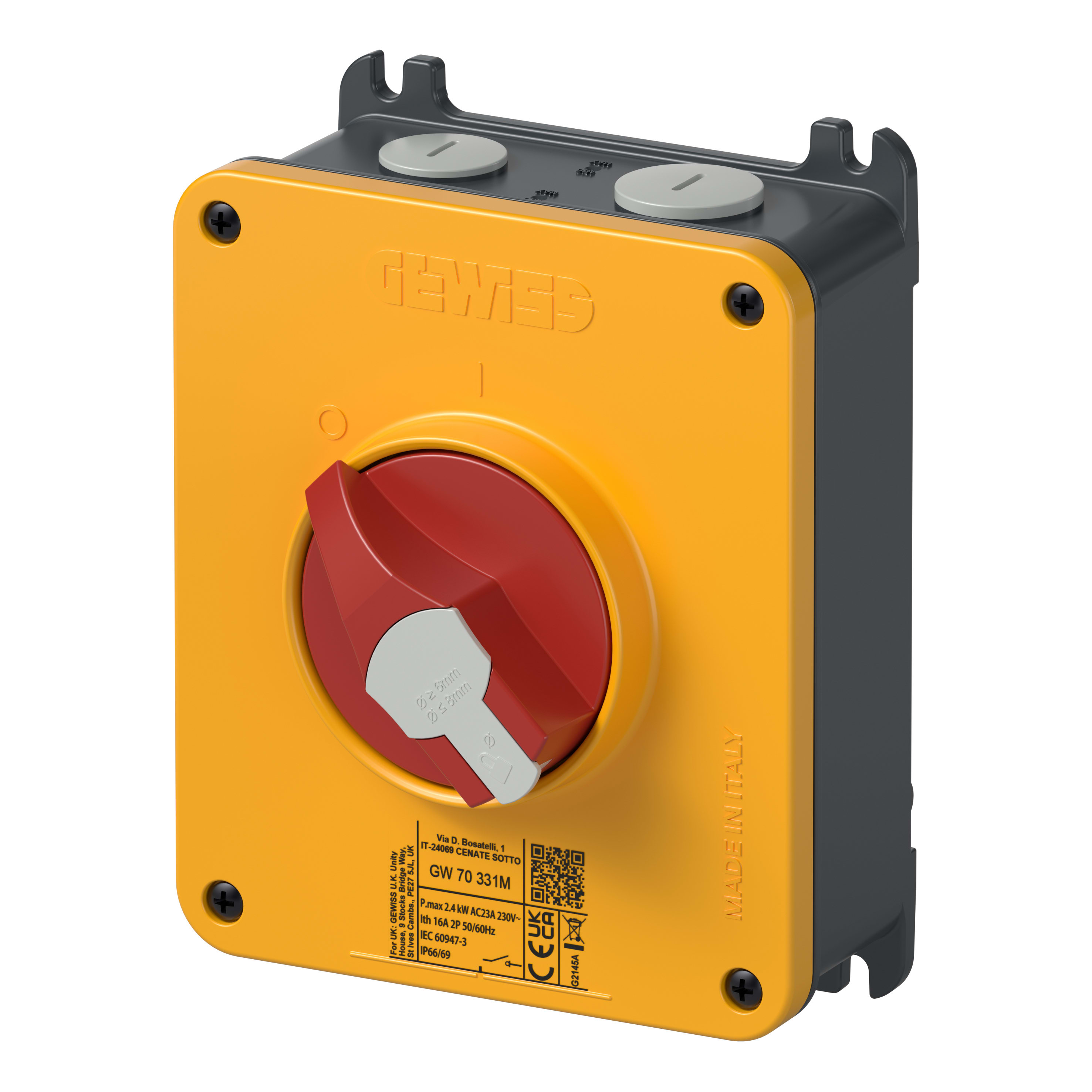GEWISS - INTERRUTTORE SEZIONATORE ROTATIVO - HP - DA PARETE - EMERGENZA - CASSETTA IN ALLUMINIO - 25A 4P - MANOPOLA ROSSA LUCCHETTABILE - IP66/IP69