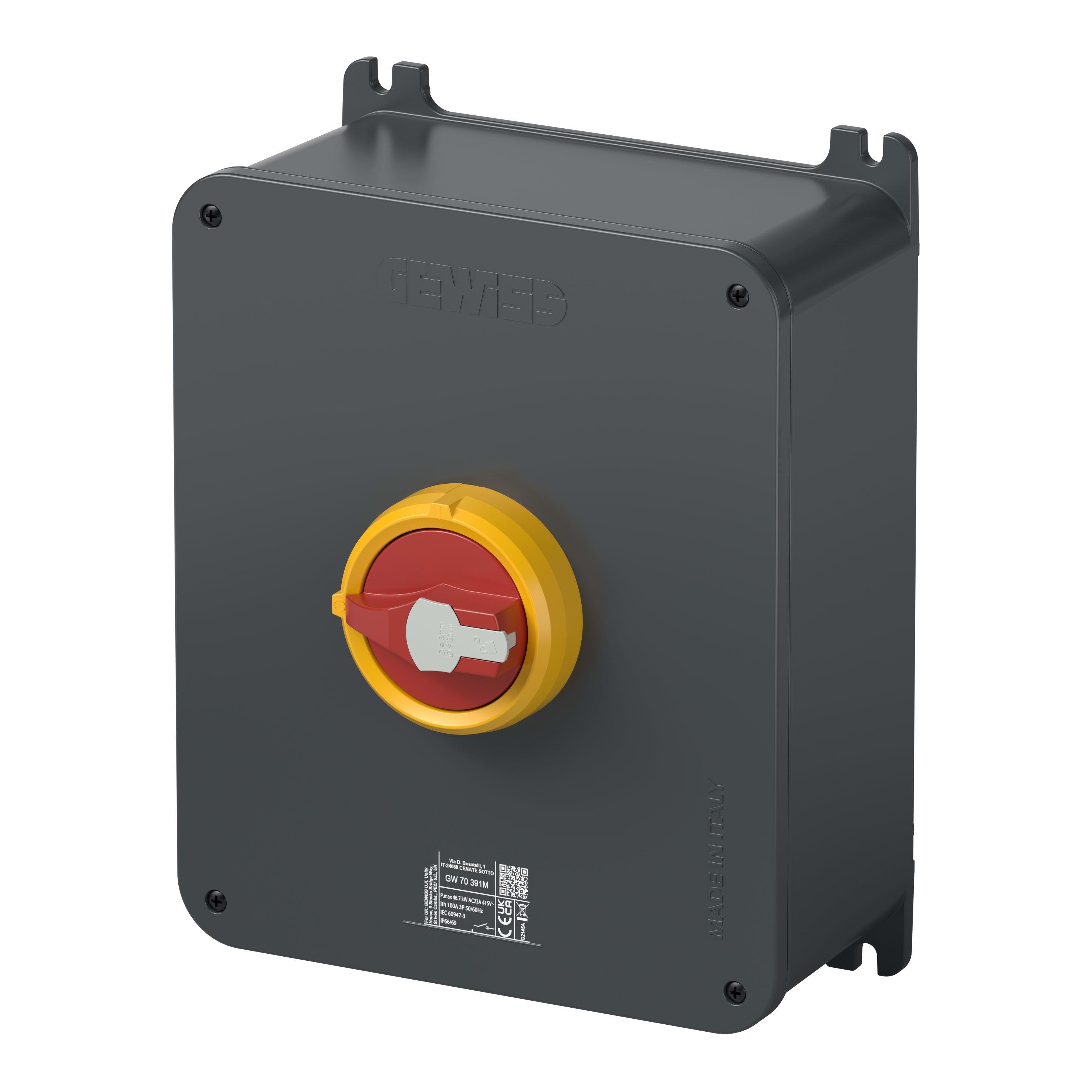 GEWISS - INTERRUTTORE SEZIONATORE ROTATIVO - HP - DA PARETE - EMERGENZA - CASSETTA IN ALLUMINIO - 100A 3P - MANOPOLA ROSSA LUCCHETTABILE - IP66/IP69