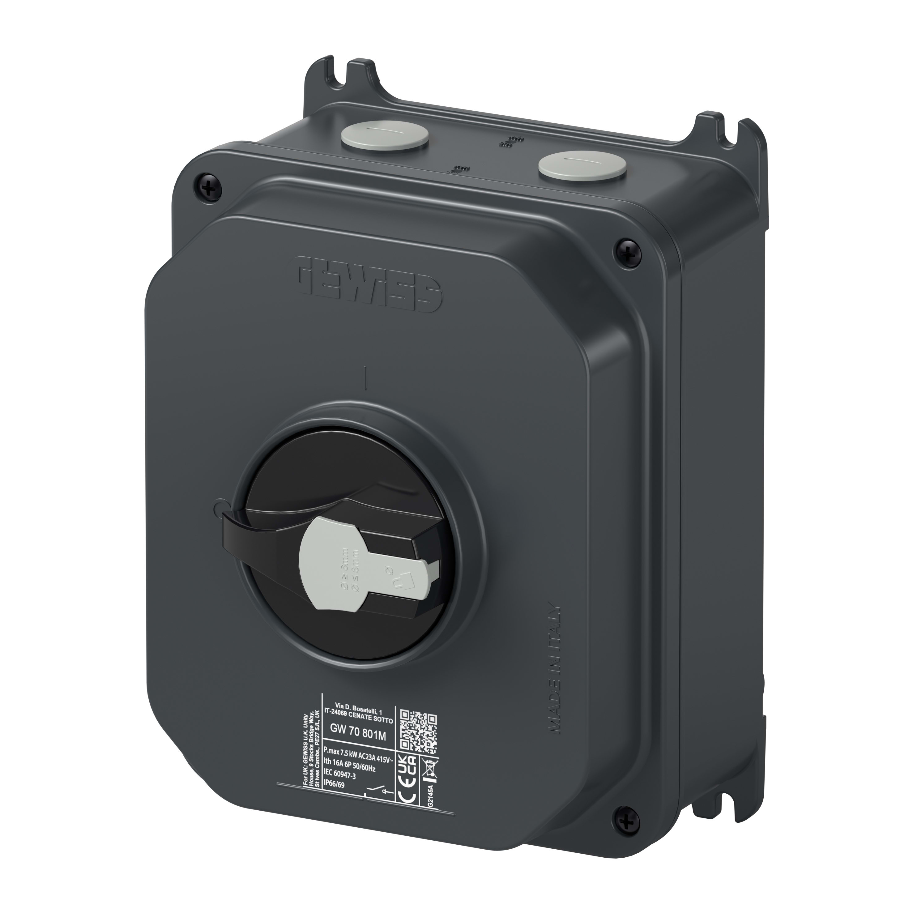GEWISS - INTERRUTTORE SEZIONATORE ROTATIVO - HP - DA PARETE - COMANDO - CASSETTA IN ALLUMINIO - 32A 6P - MANOPOLA NERA LUCCHETTABILE - IP66/IP69
