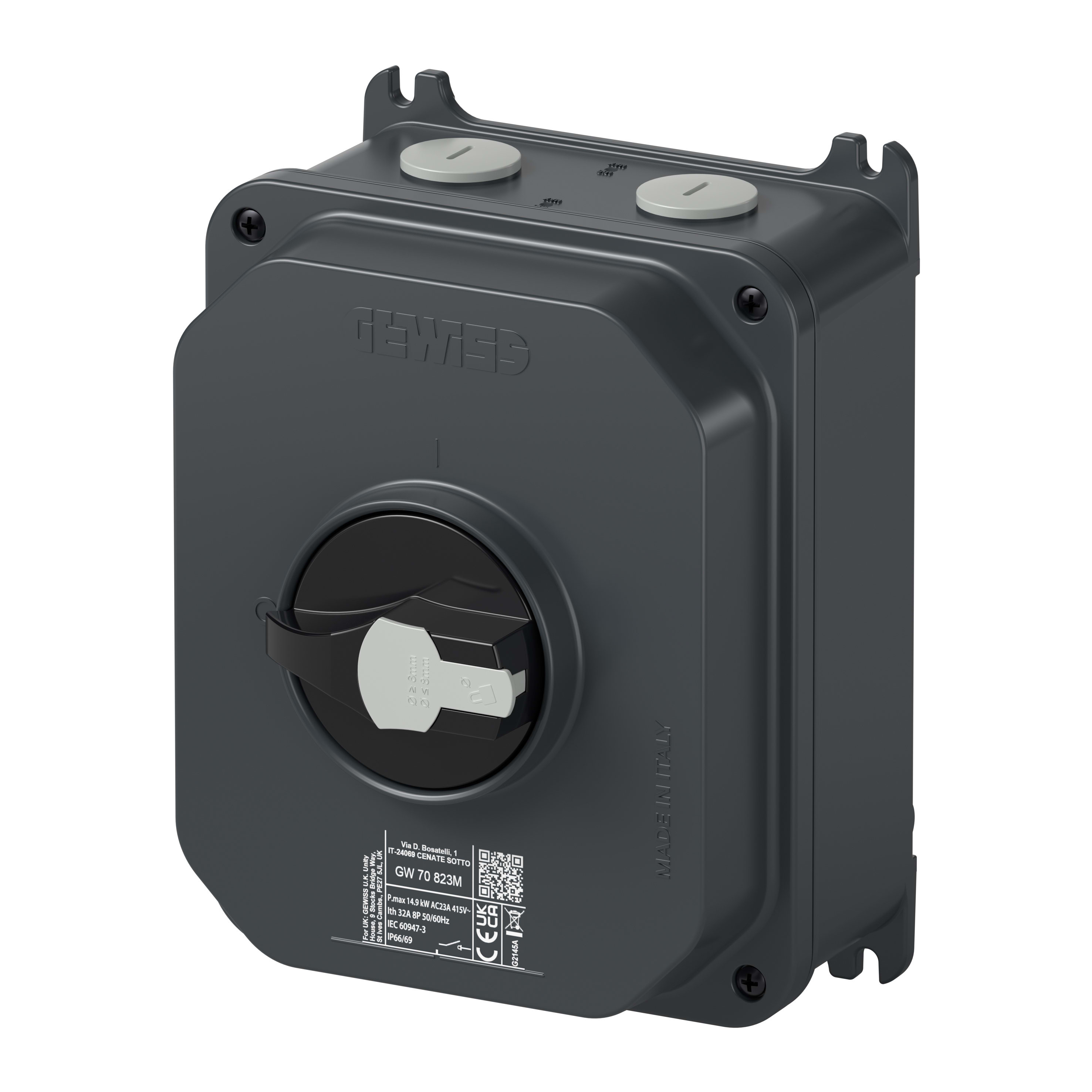 GEWISS - INTERRUTTORE SEZIONATORE ROTATIVO - HP - DA PARETE - COMANDO - CASSETTA IN ALLUMINIO - 40A 6P - MANOPOLA NERA LUCCHETTABILE - IP66/IP69