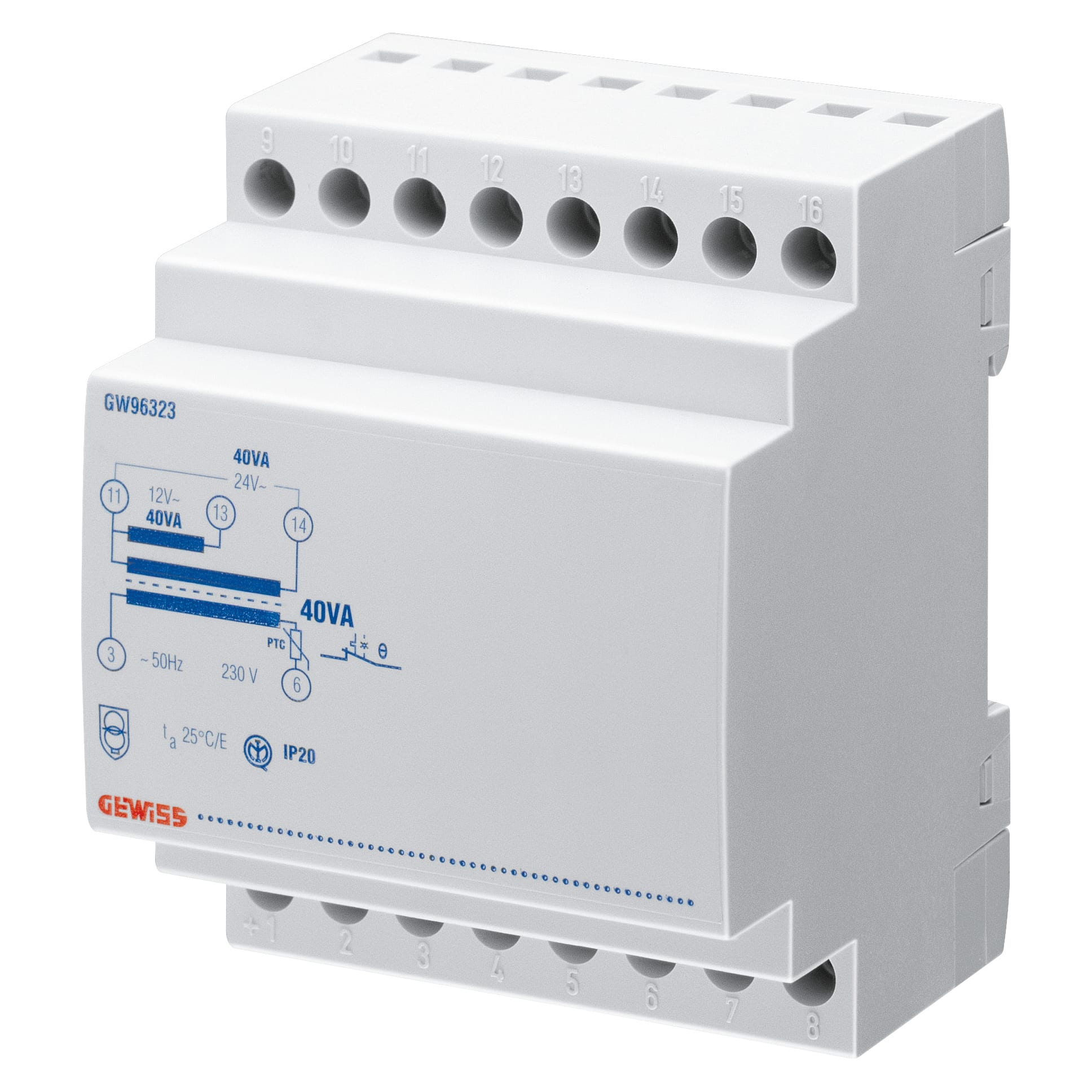 GEWISS - TRASFORMATORE DI SICUREZZA - 40VA 230V/12+12=24V - 4 MODULI GW96323