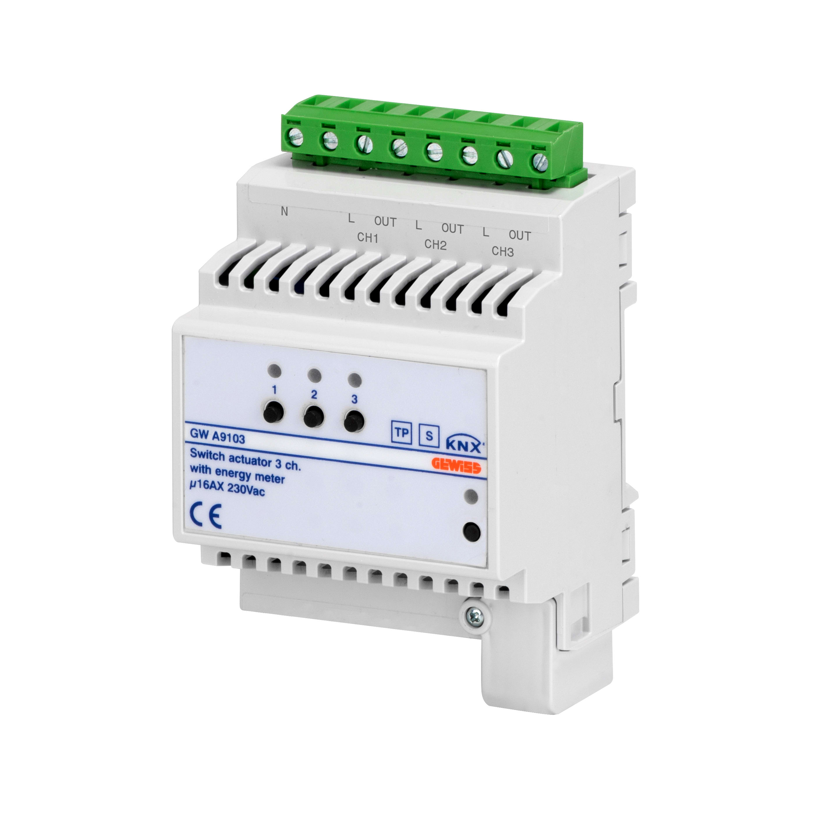 GEWISS - ATTUATORE ON/OFF CON MISURA ENERGIA - 3 CANALI - 16AX - KNX - IP20 - 4 MODULI DIN GWA9103