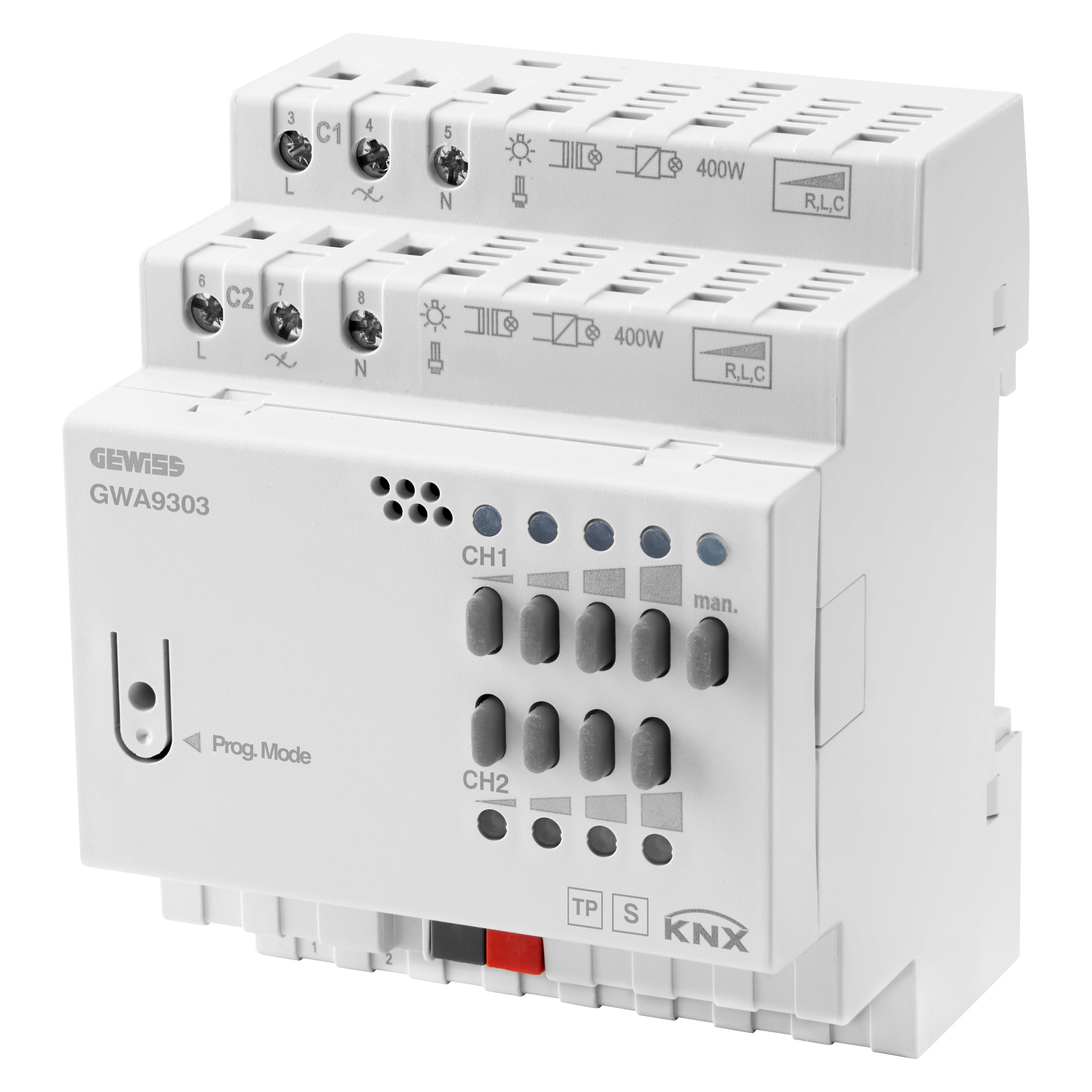 GEWISS - ATTUATORE DIMMER UNIVERSALE - 2 CANALI - 400W PER CANALE - COMANDO MANUALE - KNX - IP20 - 4 MODULI DIN