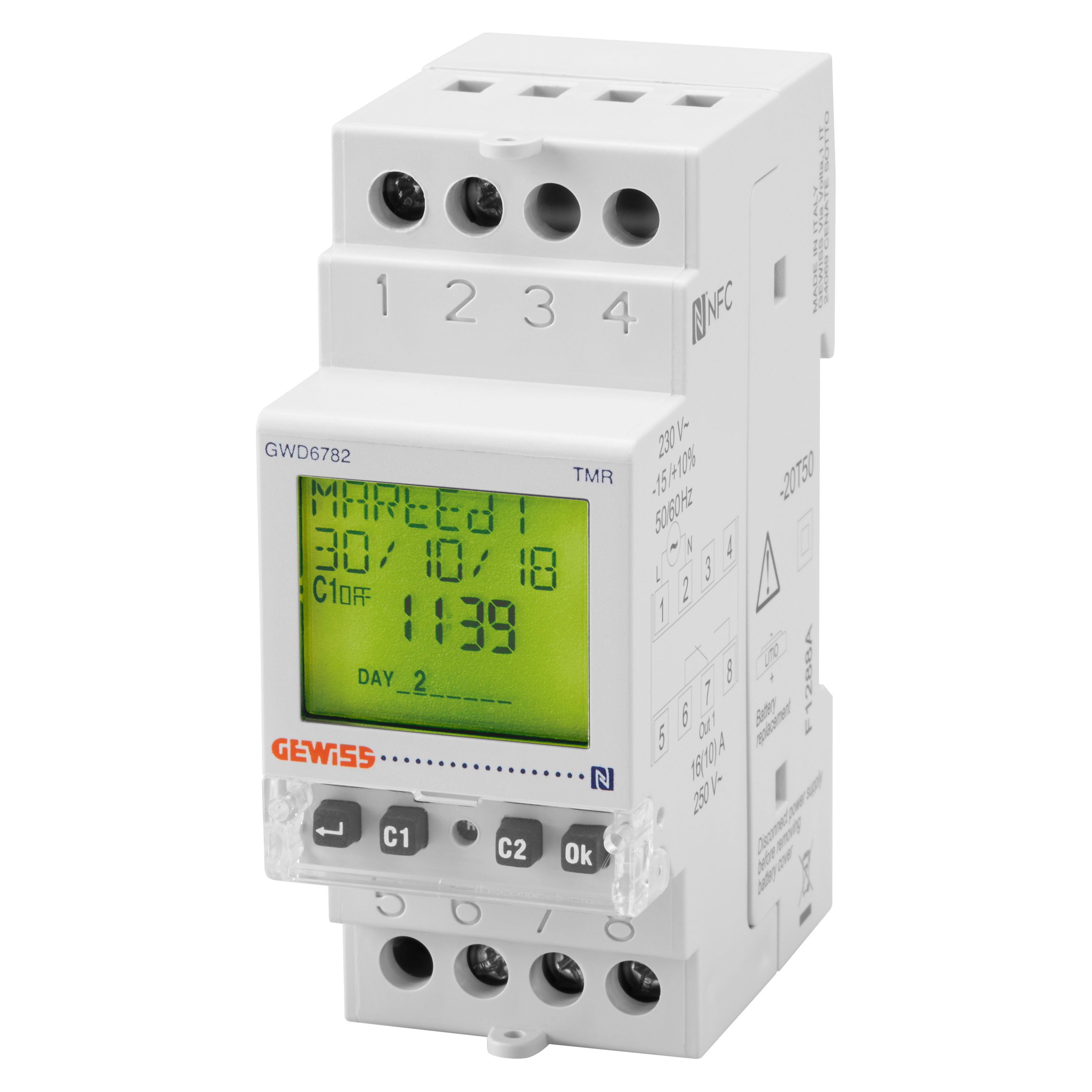 GEWISS - INTERRUTTORE ORARIO SETTIMANALE - RISERVA CARICA 5 ANNI - 1 CONTATTO IN SCAMBIO - 2 MODULI GWD6782