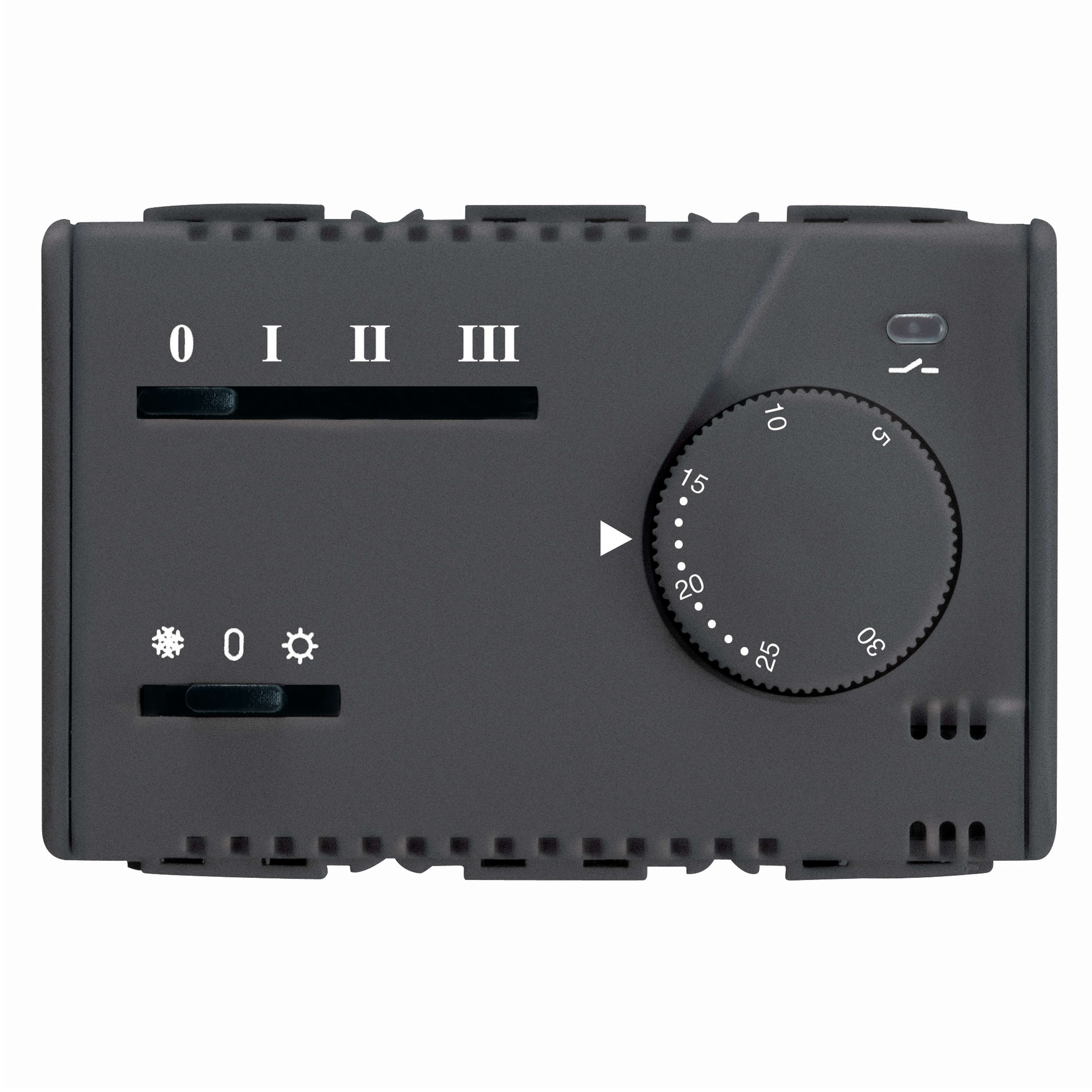 GEWISS - TERMOSTATO ELETTRONICO ESTATE/INVERNO PER FAN COIL - REGOLAZIONE A MANOPOLA - TRE VELOCITA' - 230V 50/60Hz - 3 MODULI- SYSTEM BLACK