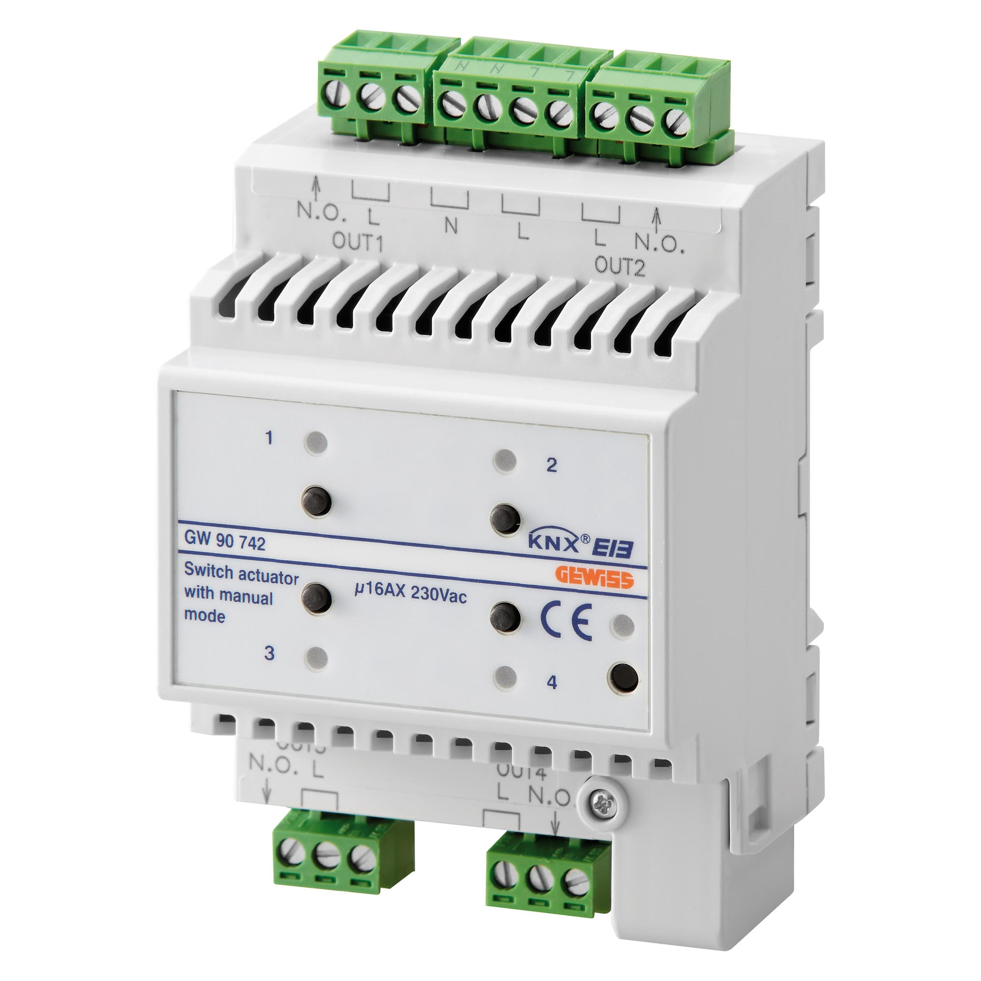 GEWISS - ATTUATORE ON/OFF - 4 CANALI - 16AX - COMANDO MANUALE - KNX - IP20 - 4 MODULI DIN