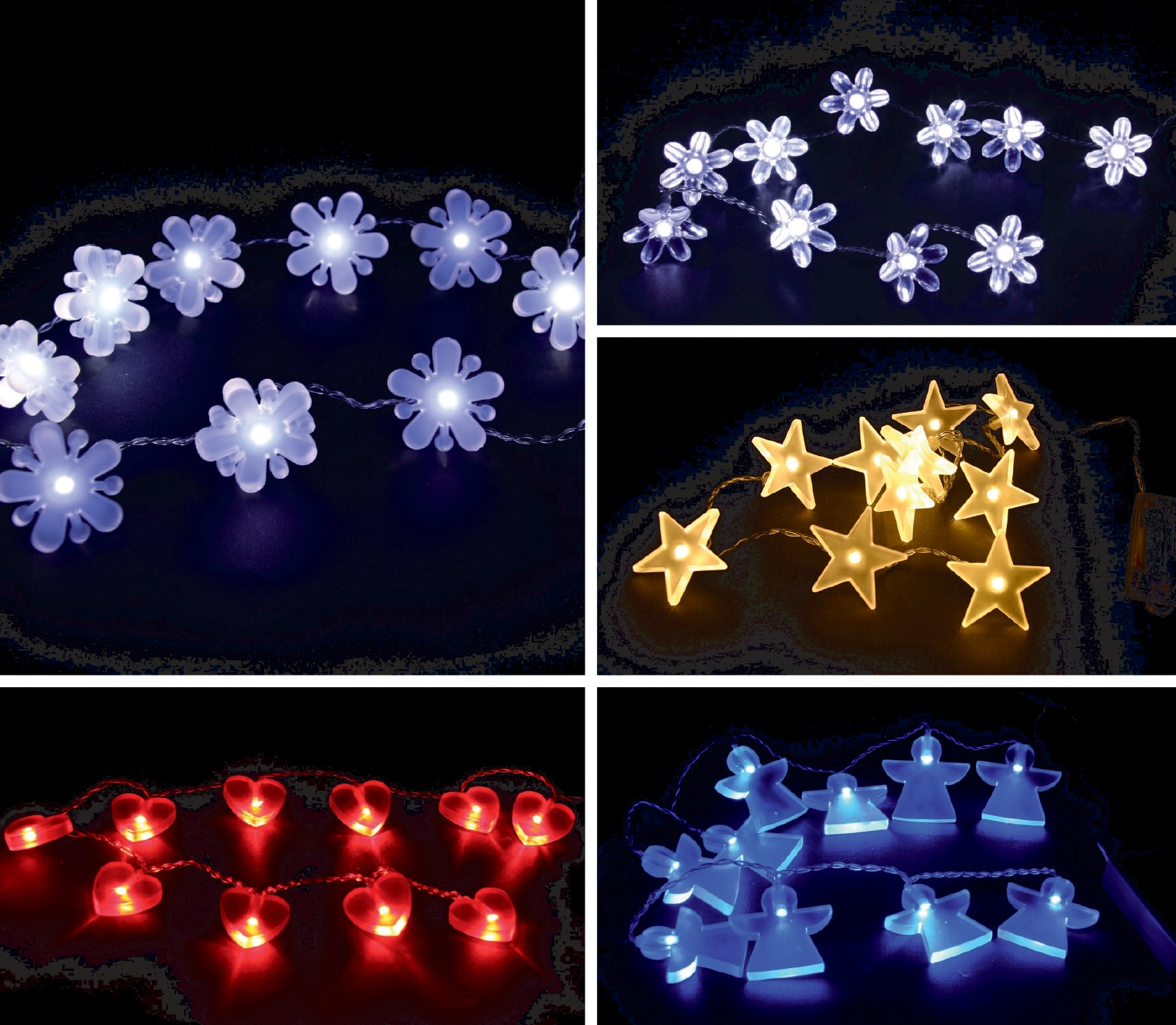 GIOCOPLAST NATALE - 10 LED A BATT.MT.1,80 - 5 SOGG. ASS.: 6 CUORI ROSSI, 6 FIOCCHI NEVE BIANCHI, 6 FIORI BIANCHI, 6 ANGELI BLU, 6 STELLE BIANCO CALDO