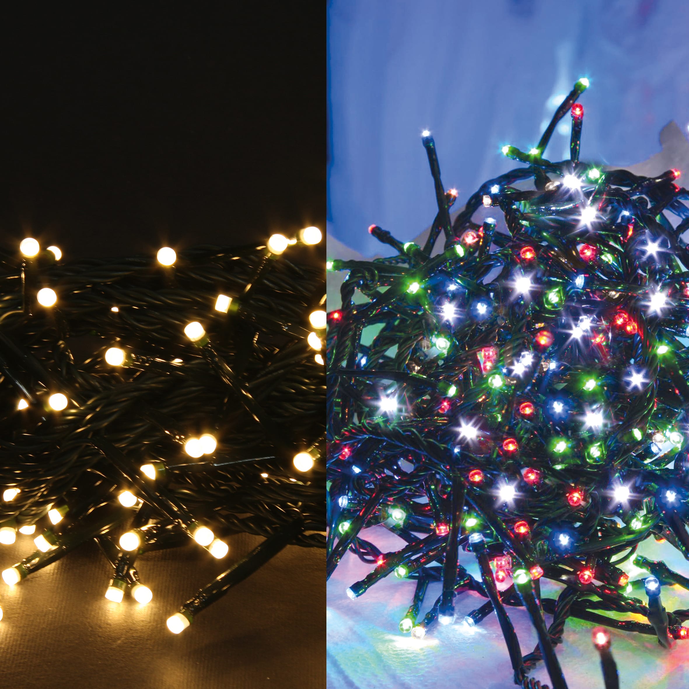 GIOCOPLAST NATALE - 200 LED BIANCO CALDO-MULTI 2 IN 1, CAVO SCURO, 20 M, CAVO ALIM. 4 M, C/TRASF. IP44, 16 GIOCHI LUCE E TIMER, IN CONFEZIONE LUSSO PLASTICA, USO EST/INT