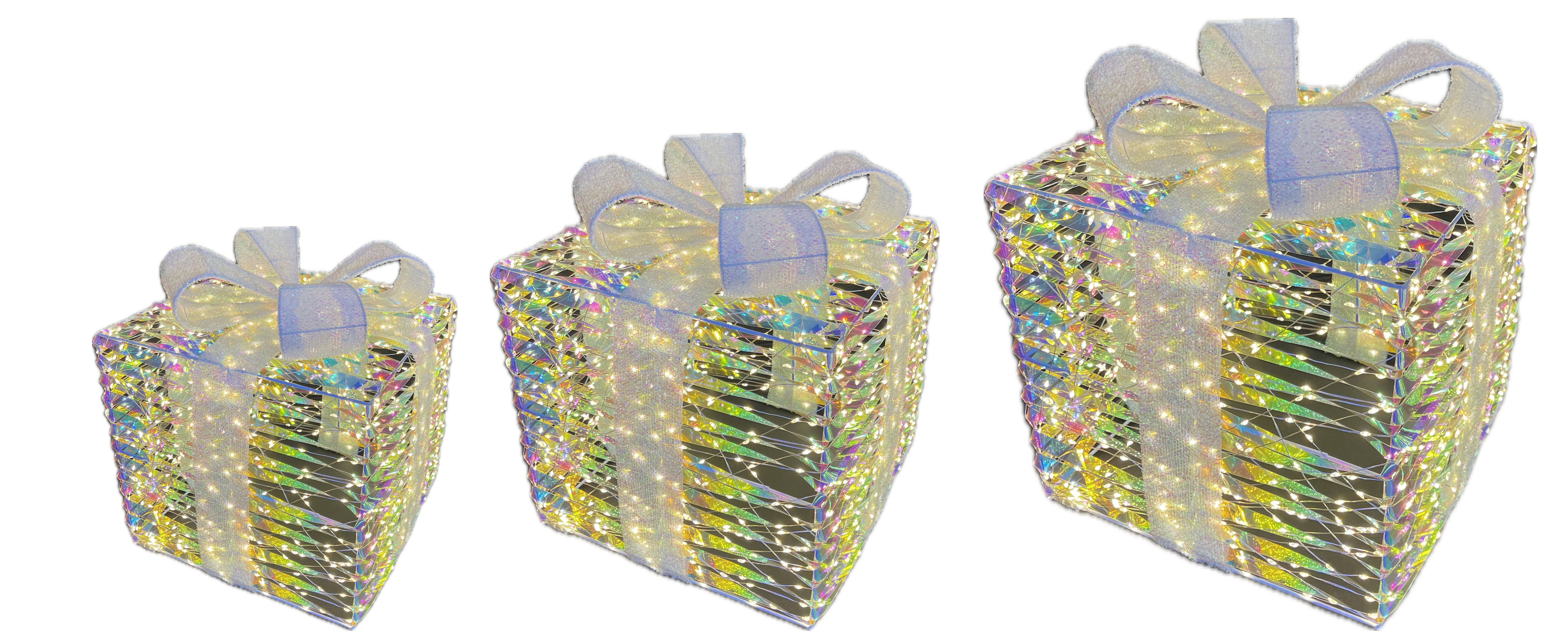GIOCOPLAST NATALE - SET 3 PACCHI REGALO PRESTIGE RAINBOW CON 4200 GOCCE DI LED BIANCO CALDO E NASTRO, 30 cm; 40 cm; 50 cm; IP44