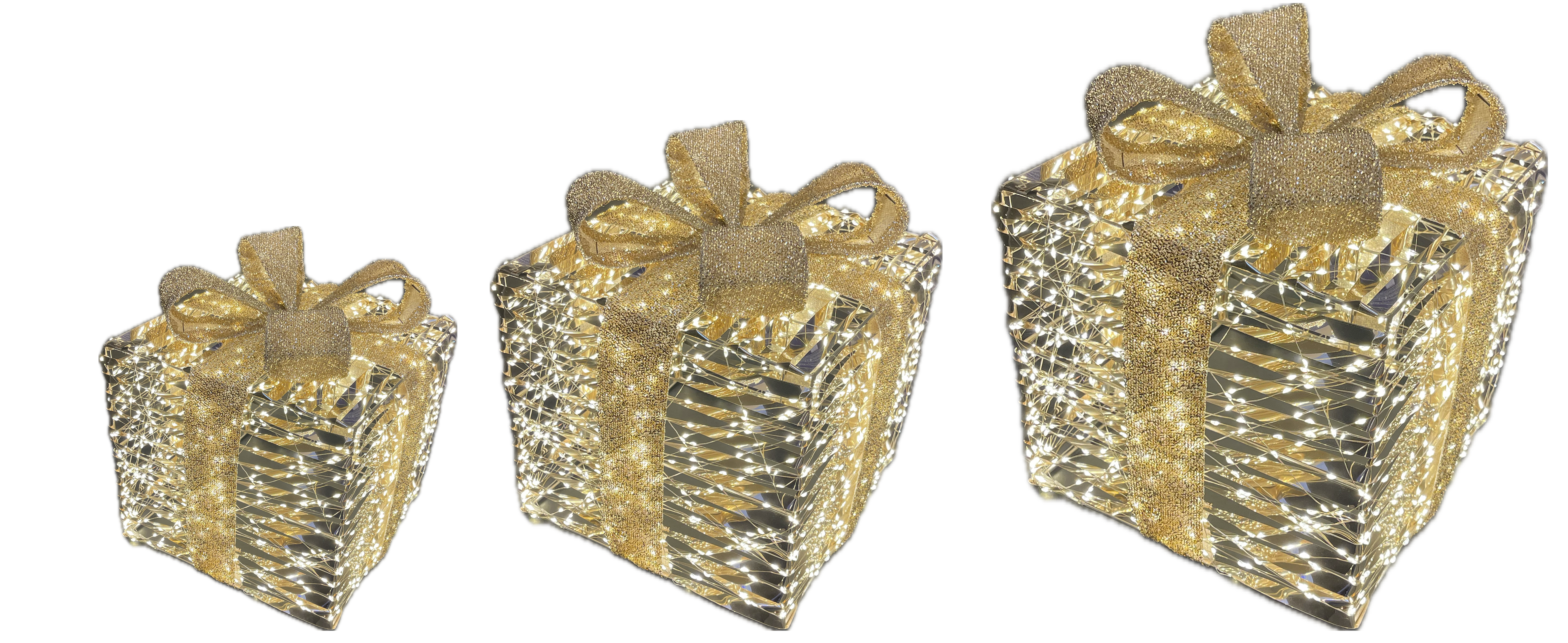 GIOCOPLAST NATALE - SET 3 PACCHI REGALO PRESTIGE GOLD CON 4200 GOCCE DI LED BIANCO CALDO E NASTRO, 30 cm; 40 cm; 50 cm; IP44 17524677