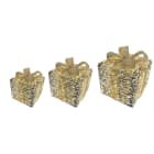 GIOCOPLAST NATALE - SET 3 PACCHI REGALO PRESTIGE GOLD CON 4200 GOCCE DI LED BIANCO CALDO E NASTRO, 30 cm; 40 cm; 50 cm; IP44
