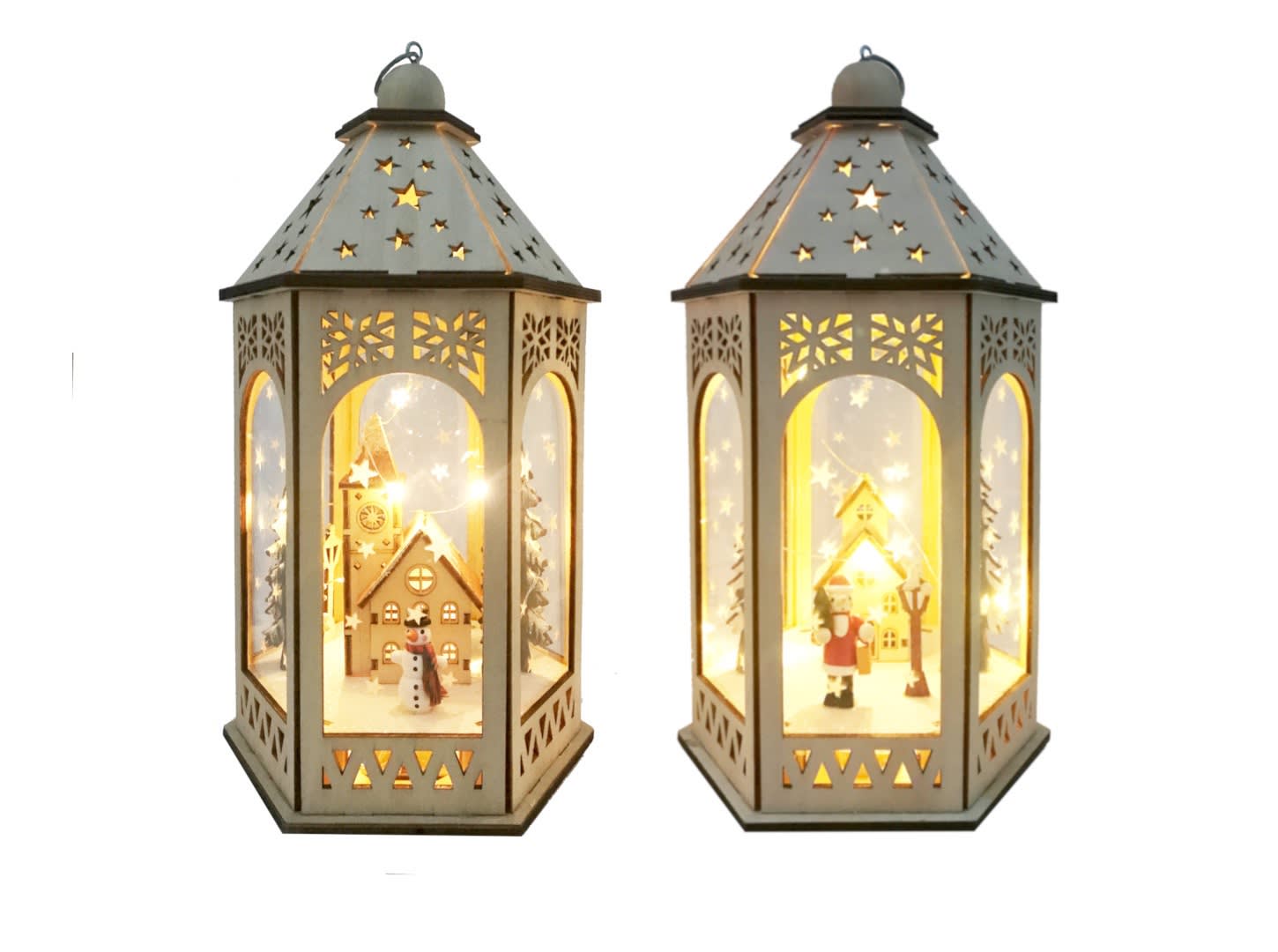GIOCOPLAST NATALE - LANTERNA ''WOOD & CHARM'' DECORATA, 30CM, CON GOCCE DI LED A BATTERIA, 2 SOGG. ASS.