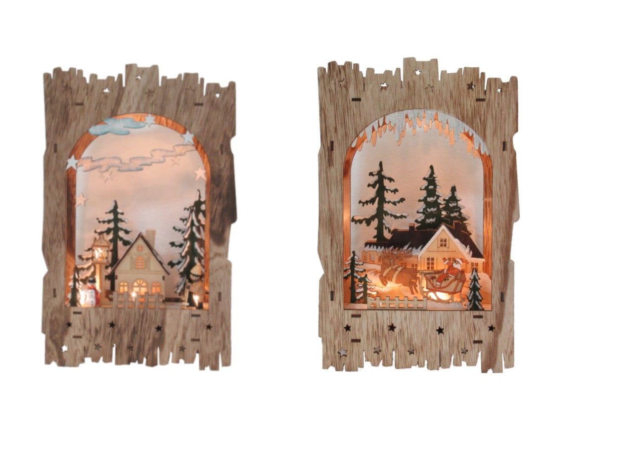 GIOCOPLAST NATALE - TORRE CON PAESAGGIO ''WOOD & CHARM'' 35X22X6CM CON LUCI LED A BATTERIE, 2 SOGG. ASS.