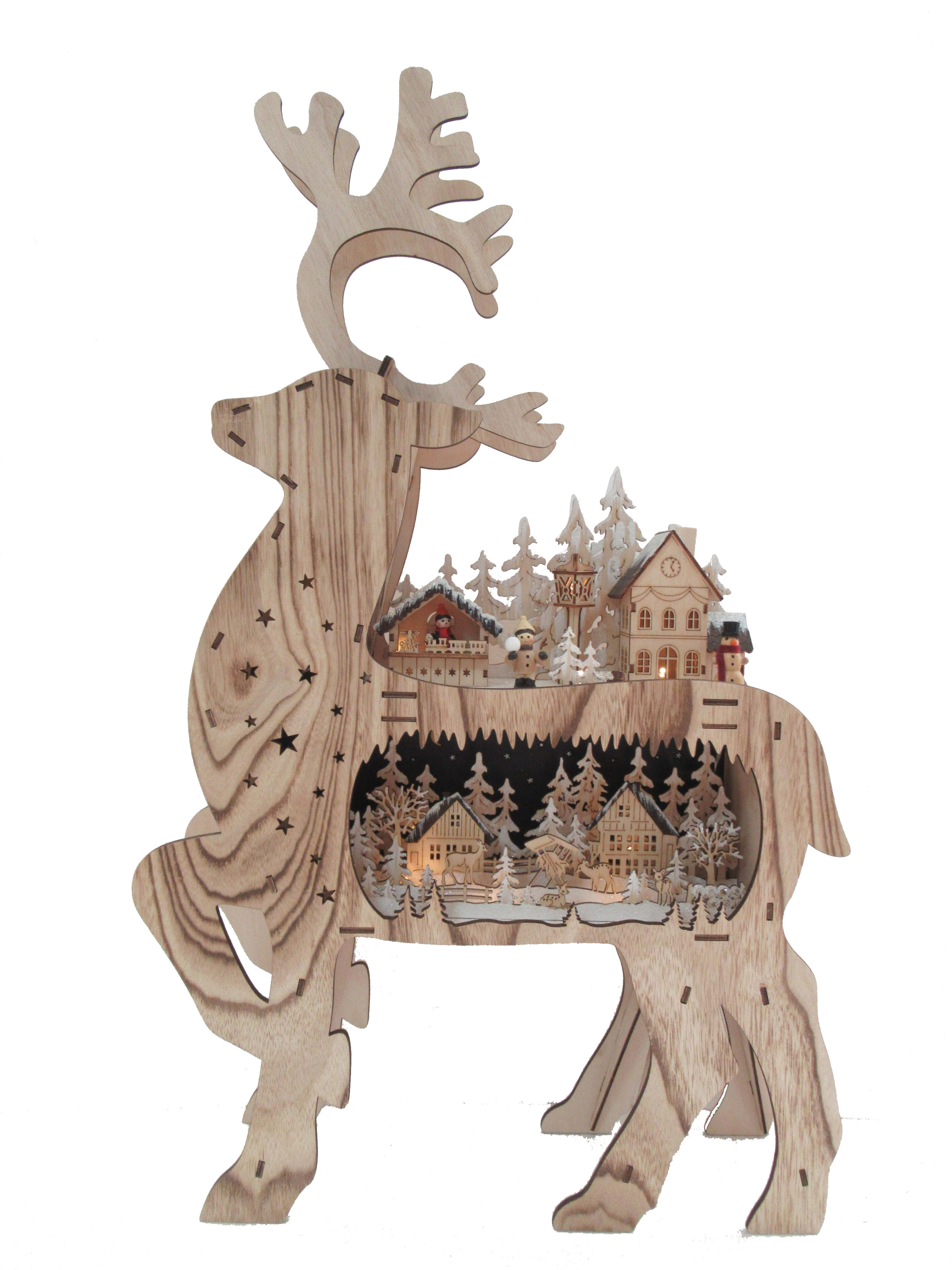 GIOCOPLAST NATALE - RENNA CON VILLAGGIO ''WOOD & CHARM'' CON LUCI LED A BATTERIE, 70X43X11CM