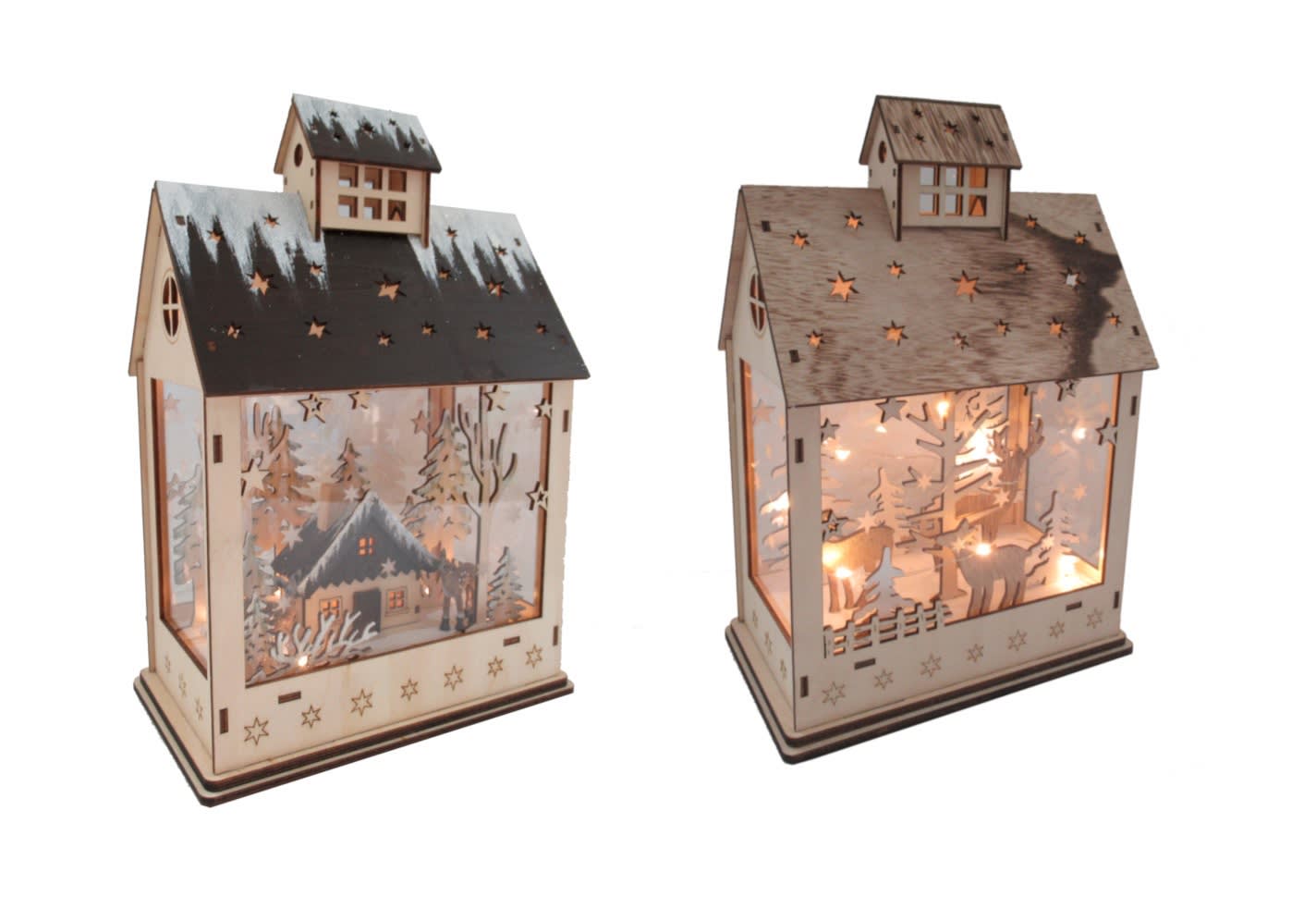 GIOCOPLAST NATALE - CASETTA CON VETRINA ''WOOD & CHARM'' CON DECORO BOSCO E LUCI LED A BATTERIE, 30x19x12CM, 2 MOD. ASS.