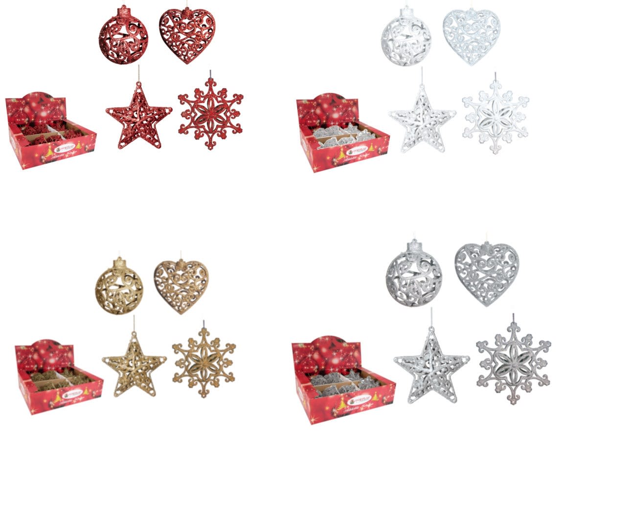 GIOCOPLAST NATALE - ADDOBBO GLITTER 3D CM.10-12, FORME ASS., 4 COL., IN DISPLAY DA 24PZ.