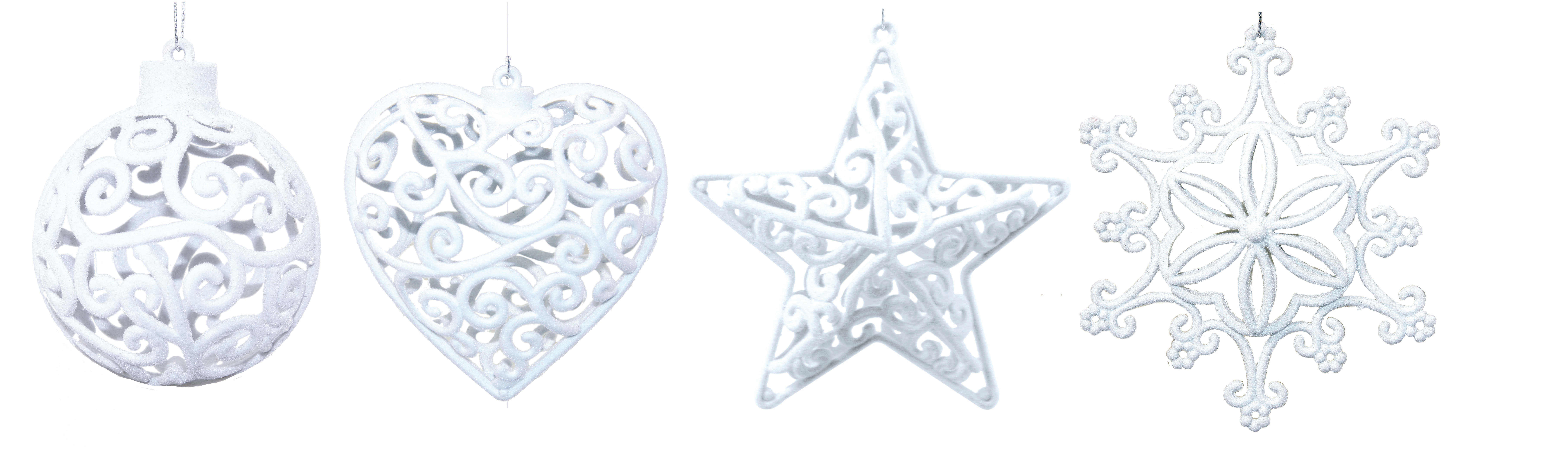 GIOCOPLAST NATALE - ADDOBBI FLOCCATI BIANCHI 3D, CM.10-12, 4 SOGG. ASS., IN EXPO DA 24PZ.
