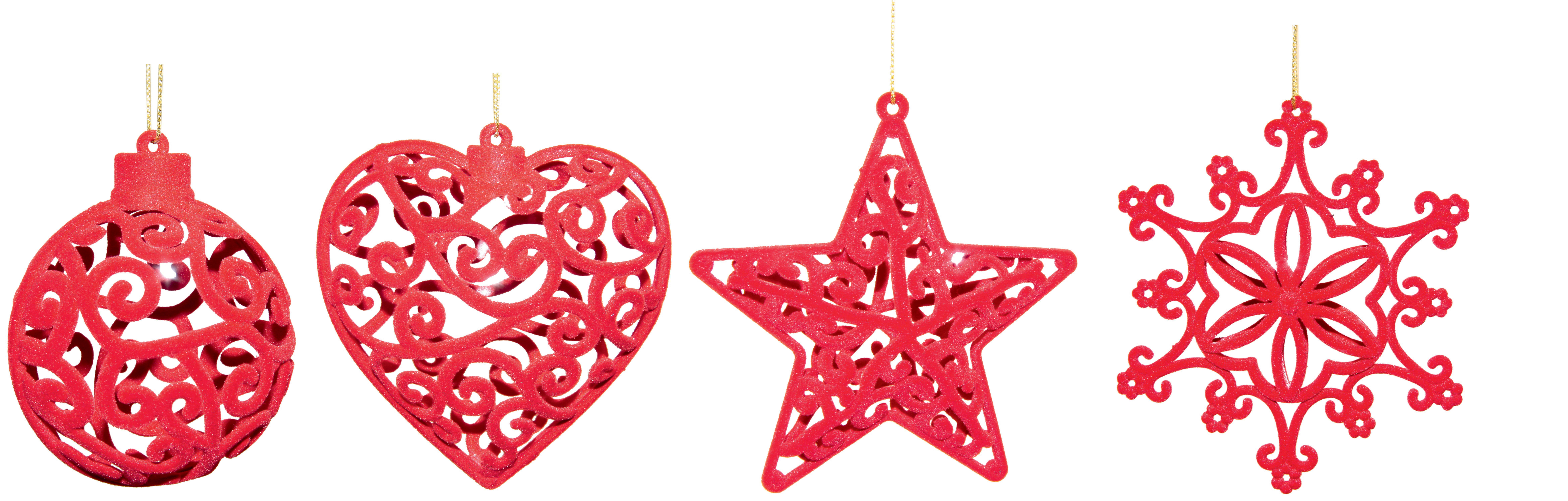 GIOCOPLAST NATALE - ADDOBBI FLOCCATI ROSSI 3D, CM.10-12, 4 SOGG. ASS., IN EXPO DA 24PZ.