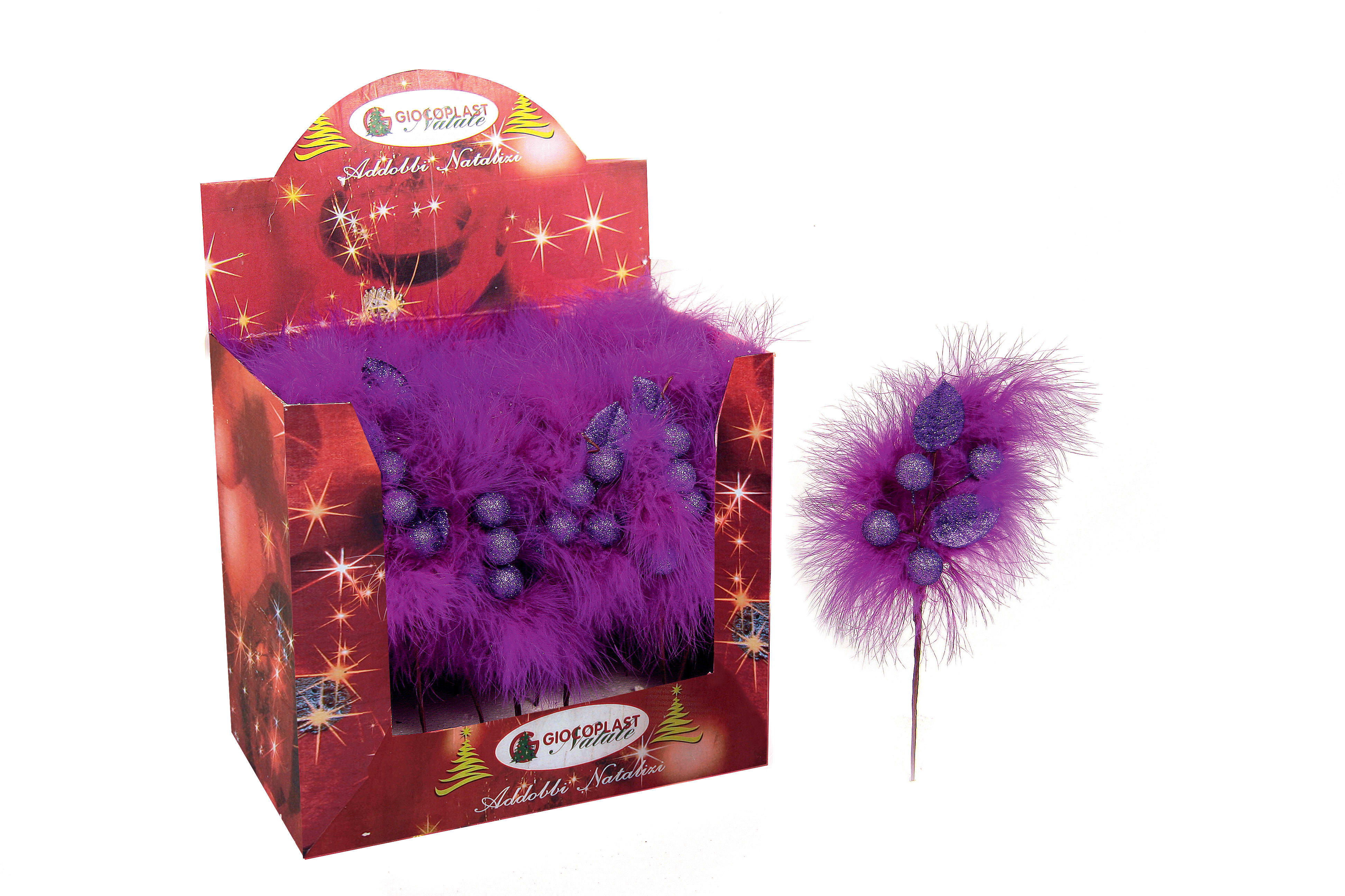 GIOCOPLAST NATALE - PICK BOA VIOLA DEC. SFERE E FOGLIE CM.20, IN EXPO DA 36PZ.