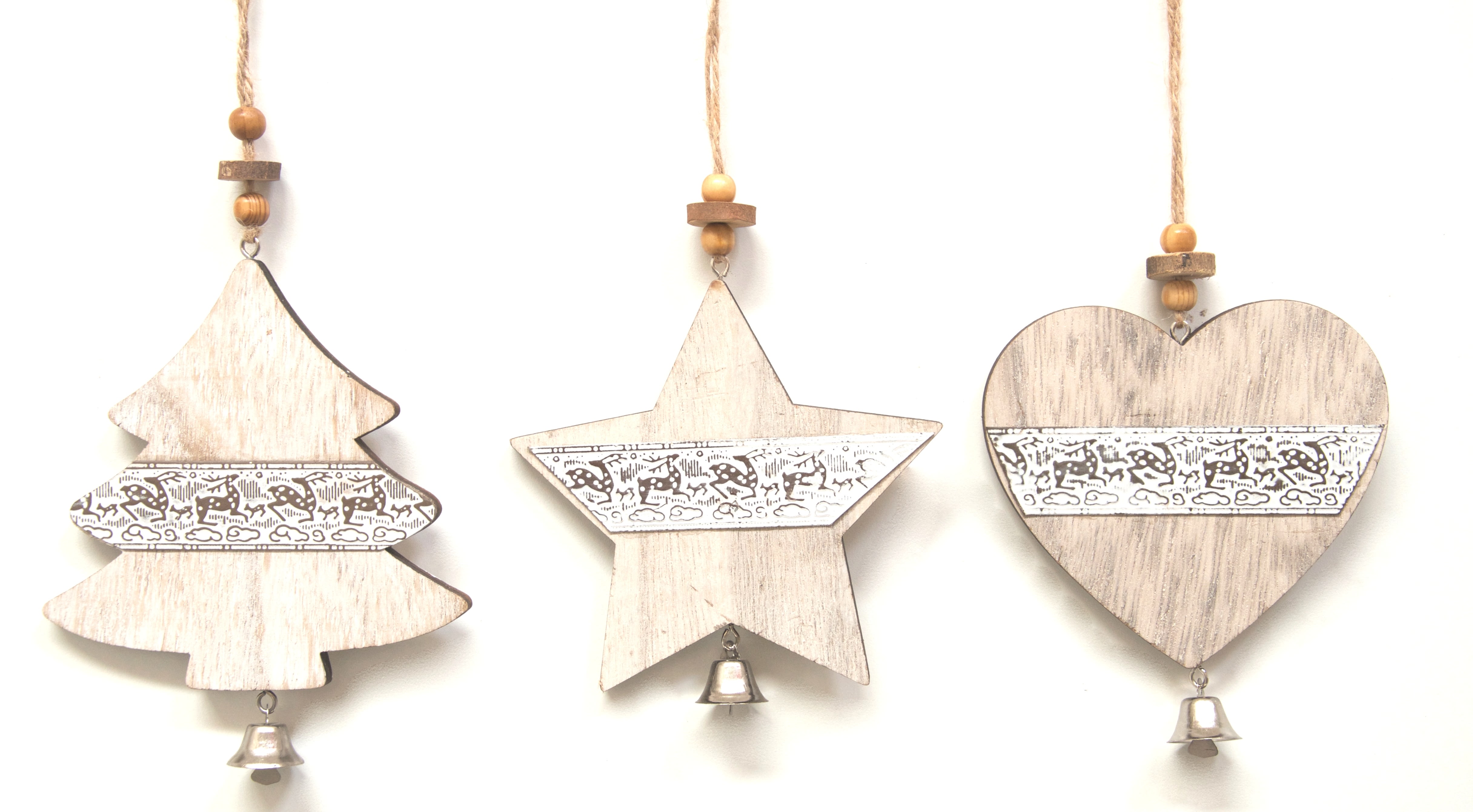 GIOCOPLAST NATALE - ADDOBBO LEGNO SBIANCATO DECORATO CM 12,5 - 3 MOD ASS