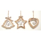 GIOCOPLAST NATALE - ADDOBBO LEGNO NATURA CON PENDENTE METALLO BIANCO, CM 9 - 3 ASS