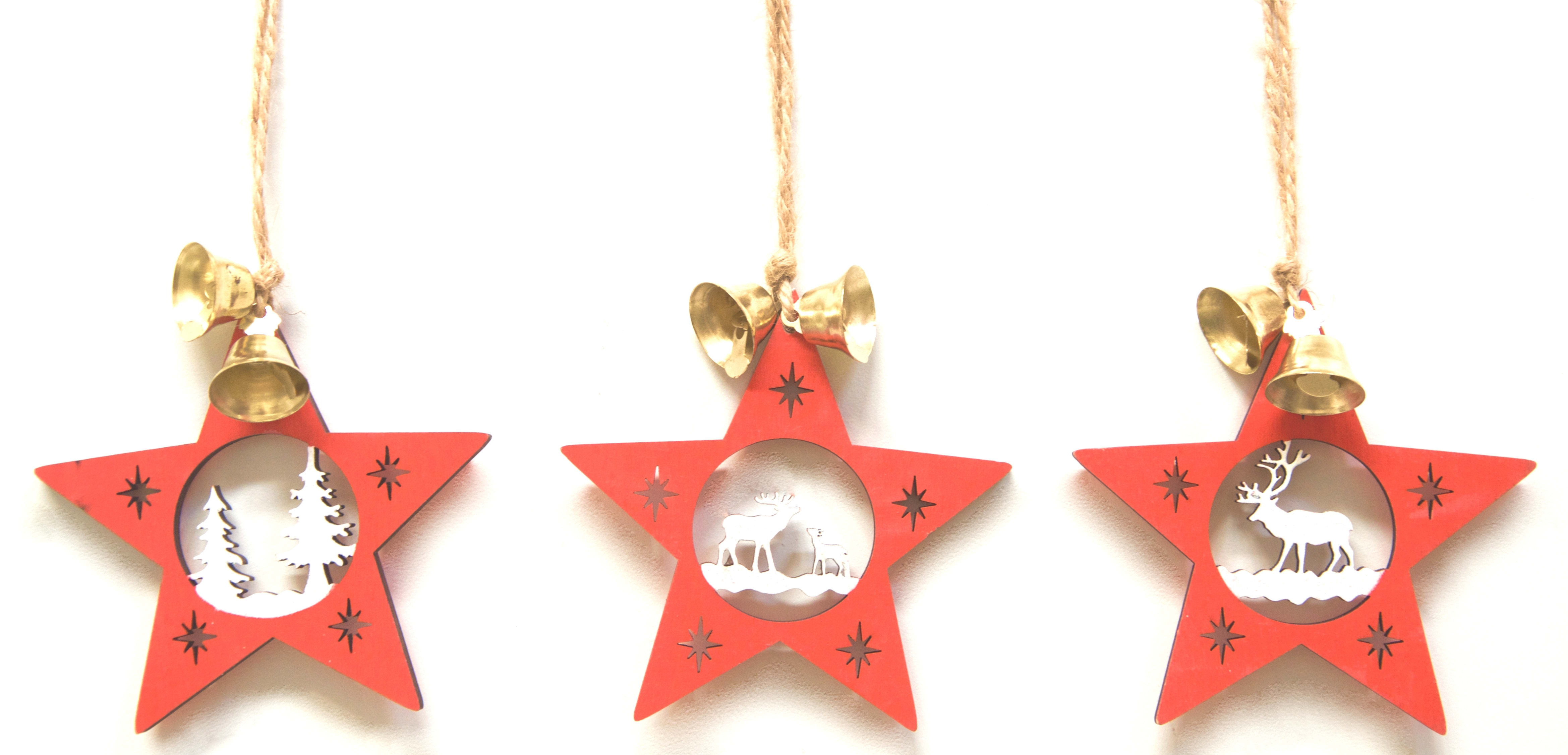 GIOCOPLAST NATALE - ADDOBBO LEGNO ROSSO STELLA CM 8, 3 ASS, IN DISPLAY DA 72 PZ