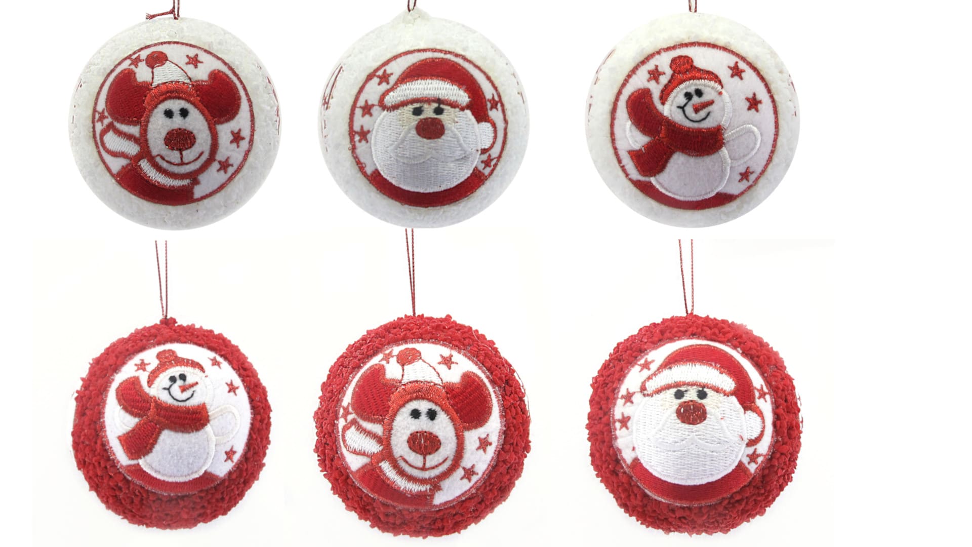 GIOCOPLAST NATALE - SFERA ''CRYSTAL CHIC'' BIANCO/ROSSA 8 CM CON DECORO PATCH IN STOFFA, MOD. ASS.