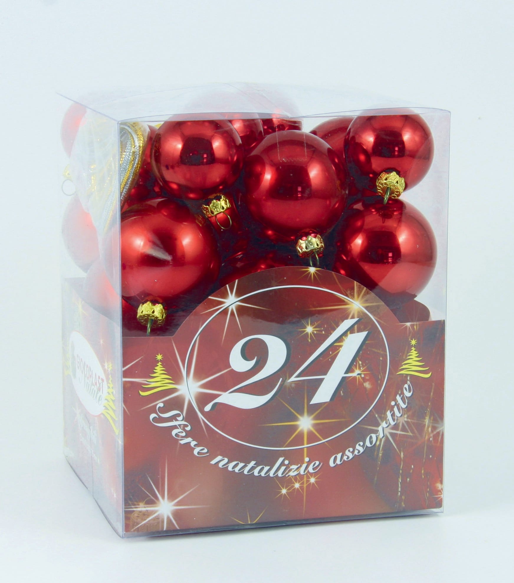 GIOCOPLAST NATALE - 24 SFERE PLASTICA ASS. ROSSE IN SCAT. ACETATO: 4 DIAM.70, 4 DIAM.60, 8 DIAM.50, 8 DIAM.40