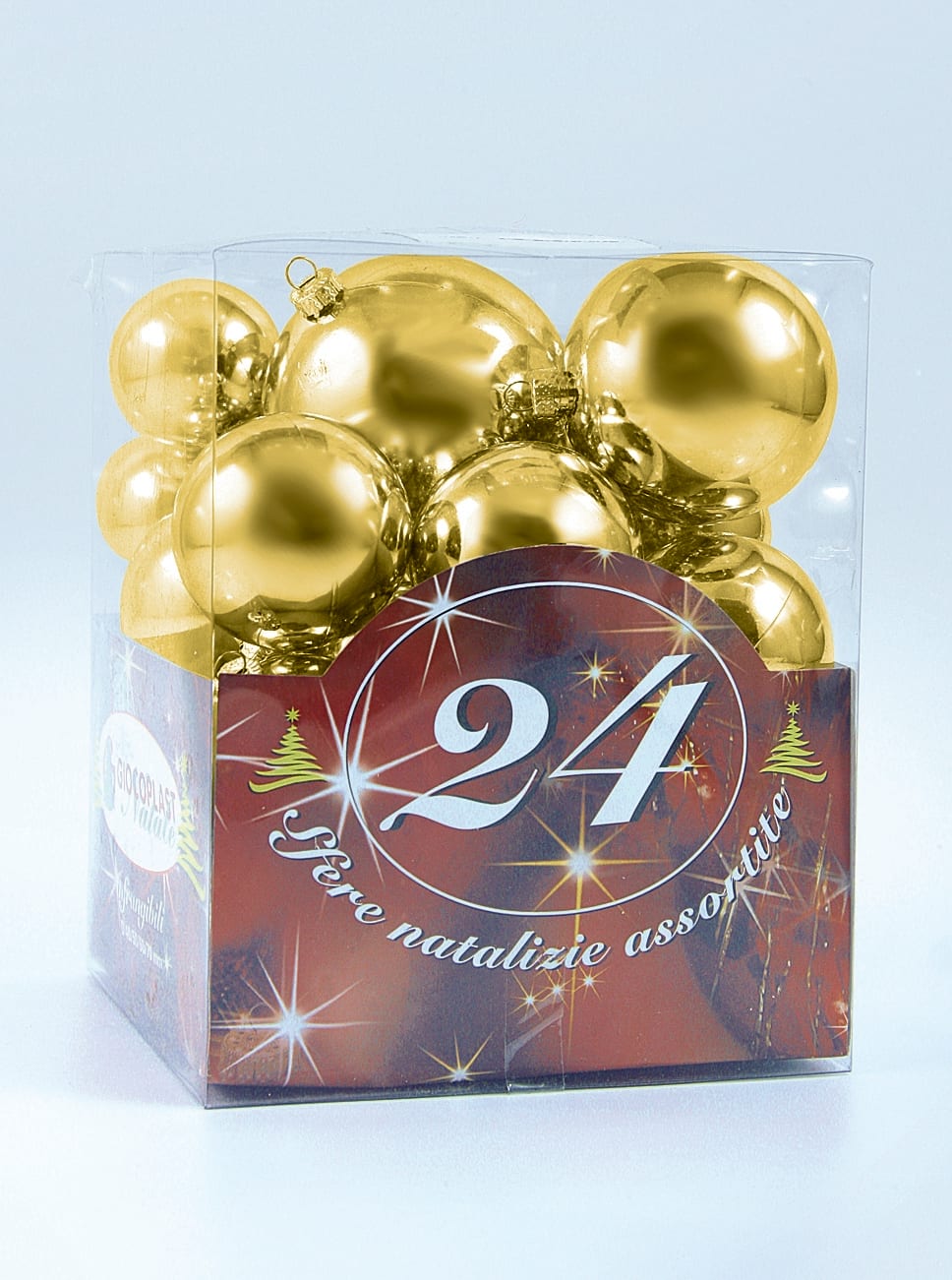 GIOCOPLAST NATALE - 24 SFERE PLASTICA ASS. ORO IN SCAT. ACETATO: 4 DIAM.70, 4 DIAM.60, 8 DIAM.50, 8 DIAM.40