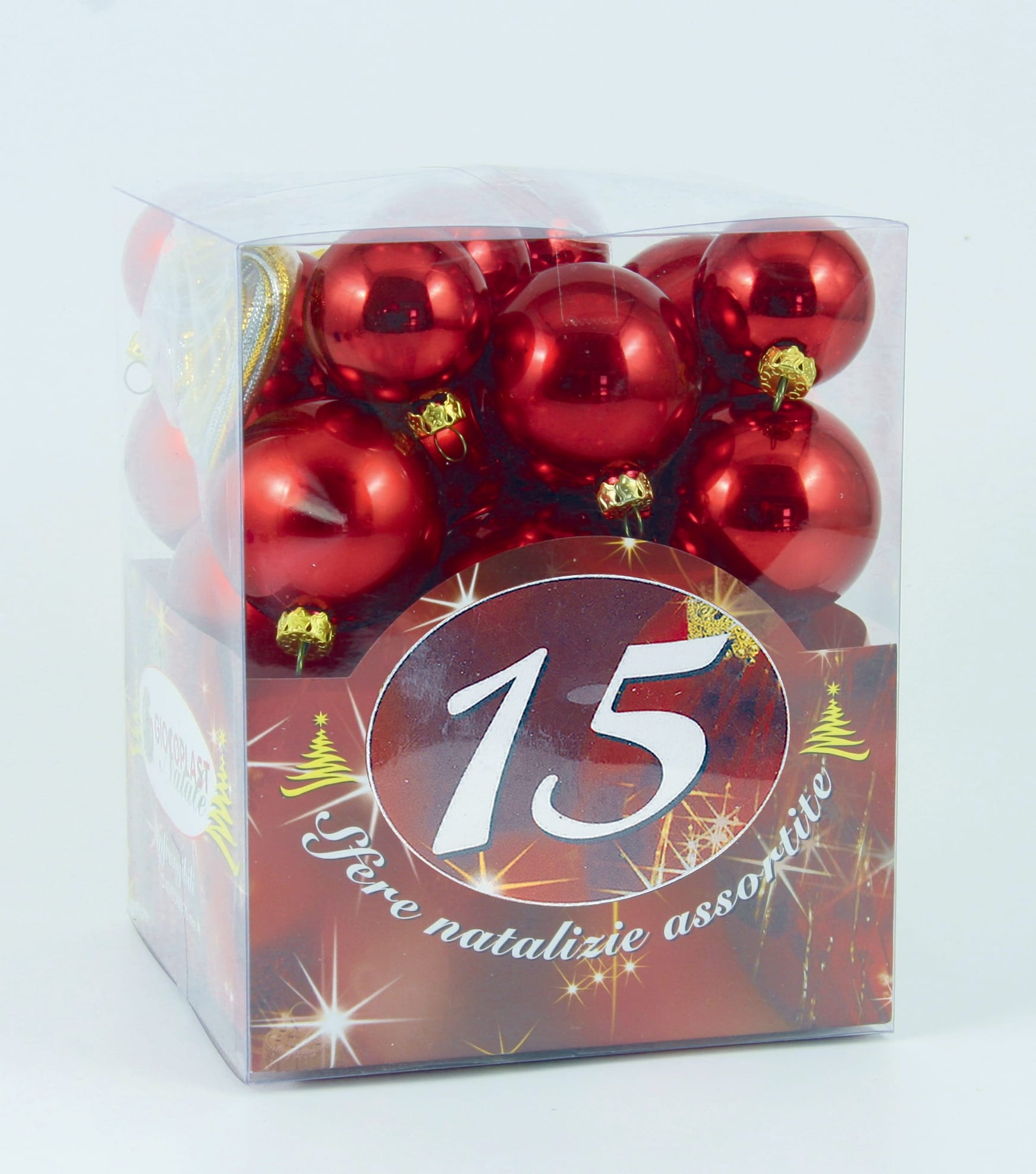 GIOCOPLAST NATALE - 15 SFERE PLASTICA DIAM. ASS. ROSSE IN SCAT. ACETATO (6X40MM., 5X50MM., 4X60MM.)