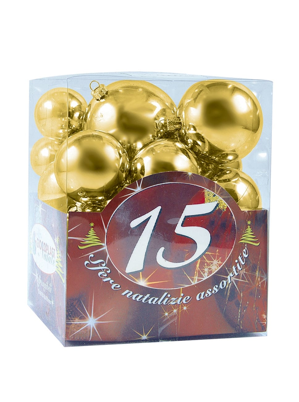 GIOCOPLAST NATALE - 15 SFERE PLASTICA DIAM. ASS. ORO IN SCAT. ACETATO (6X40MM., 5X50MM., 4X60MM.)