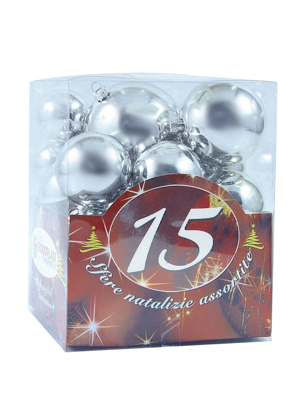 GIOCOPLAST NATALE - 15 SFERE PLASTICA DIAM. ASS. ARG. IN SCAT. ACETATO (6X40MM., 5X50MM., 4X60MM.)