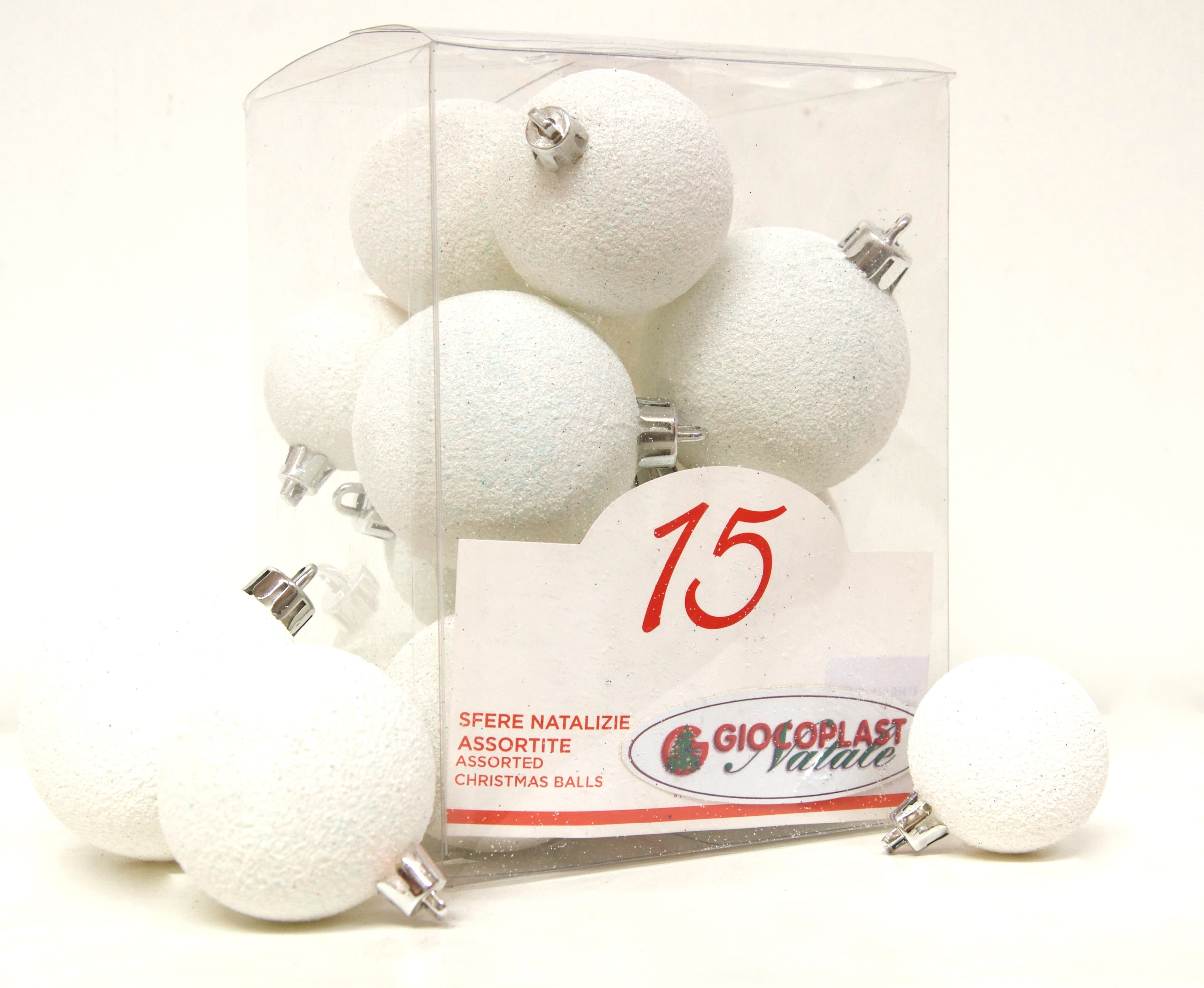 GIOCOPLAST NATALE - 15 SFERE PLASTICA DIAM. ASS. BIANCO GLITTER IN SCAT. ACETATO (6X40MM., 5X50MM., 4X60MM.)
