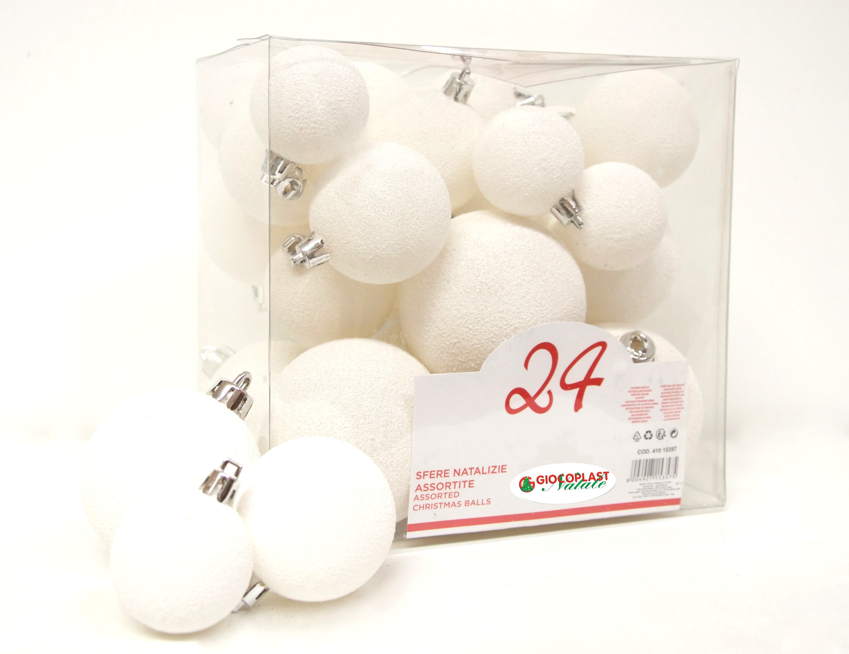GIOCOPLAST NATALE - 24 SFERE PLASTICA ASS. BIANCO GLITTER IN SCAT. ACETATO: 4 DIAM.70, 4 DIAM.60, 8 DIAM.50, 8 DIAM.40