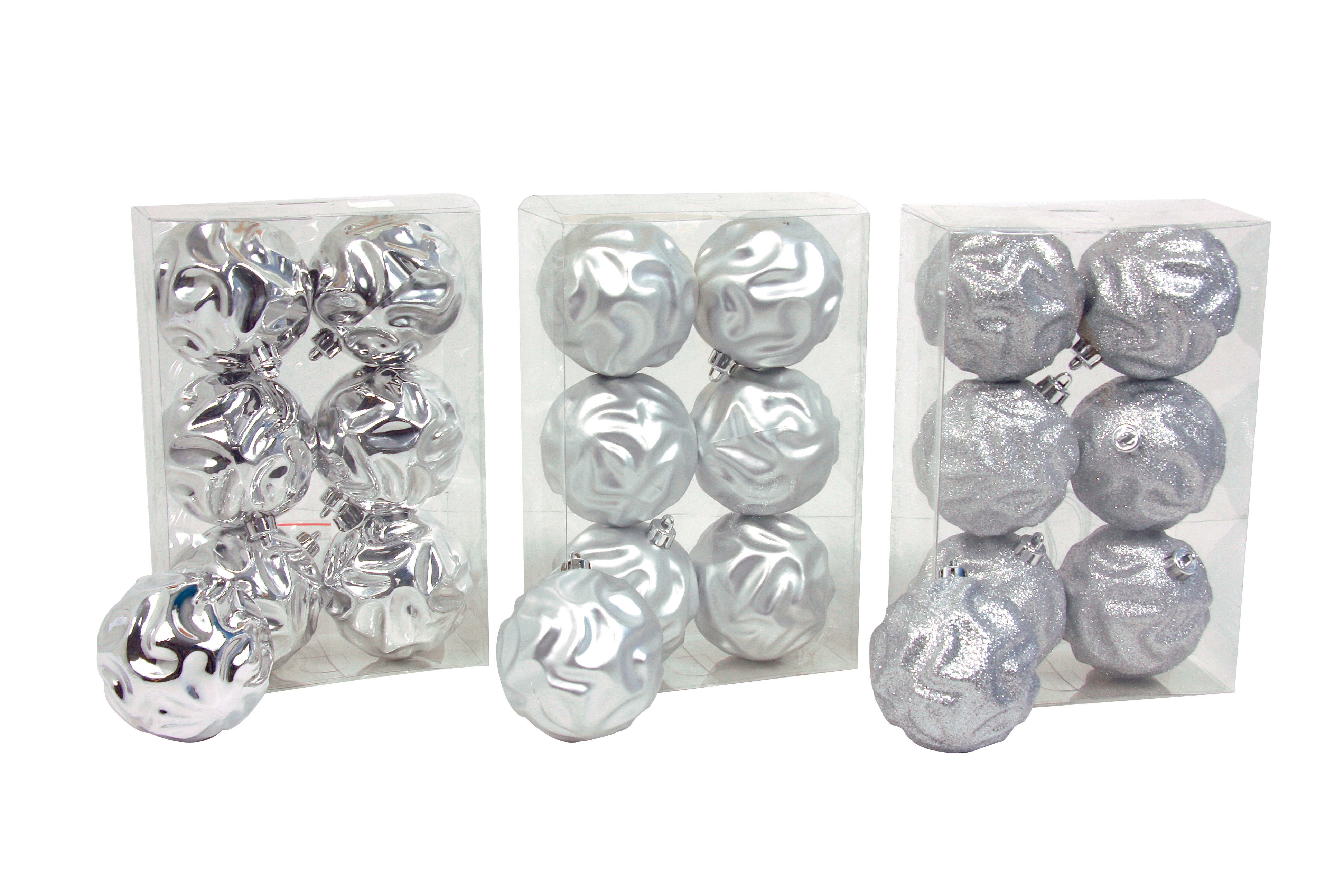 GIOCOPLAST NATALE - SCAT. 6 SFERE PLASTICA ONDEGGIATE D.80, ARG., MET. MATT. GLITTER