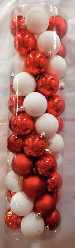 GIOCOPLAST NATALE - CIL. 55 SFERE PLASTICA D.50, BIANCO/ROSSO, MET. MAT. GLITTER
