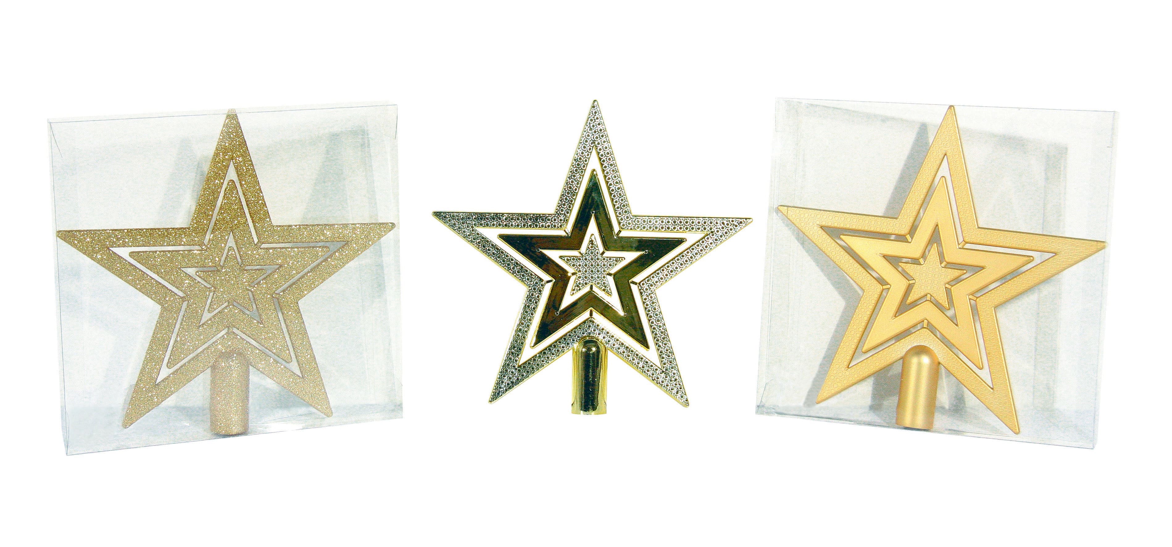 GIOCOPLAST NATALE - PUNTALE TRIPLA STELLA PLASTICA ORO, MET. MAT. GLITTER, CM.21