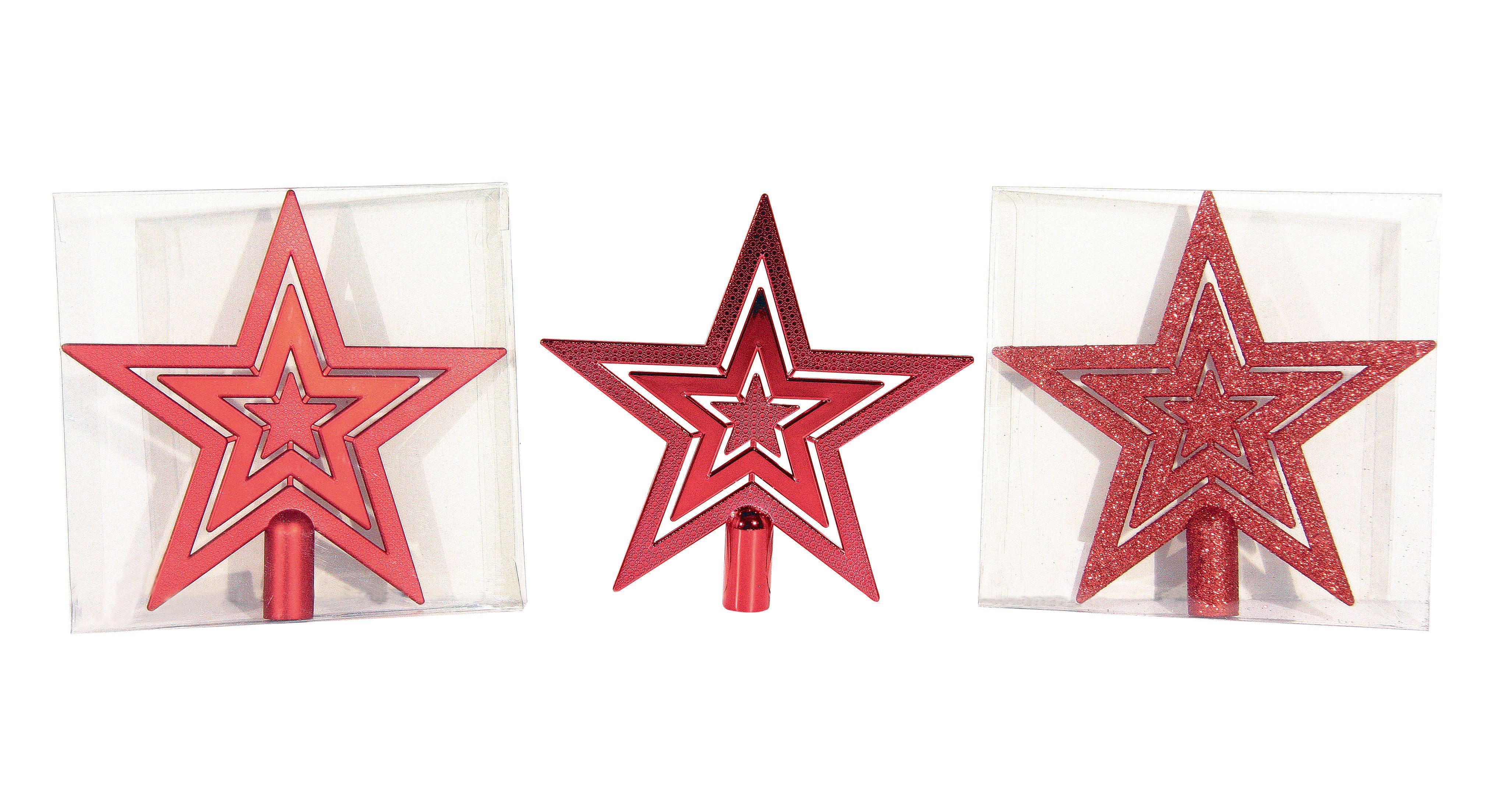 GIOCOPLAST NATALE - PUNTALE TRIPLA STELLA PLASTICA ROSSO, MET. MAT. GLITTER, CM.21