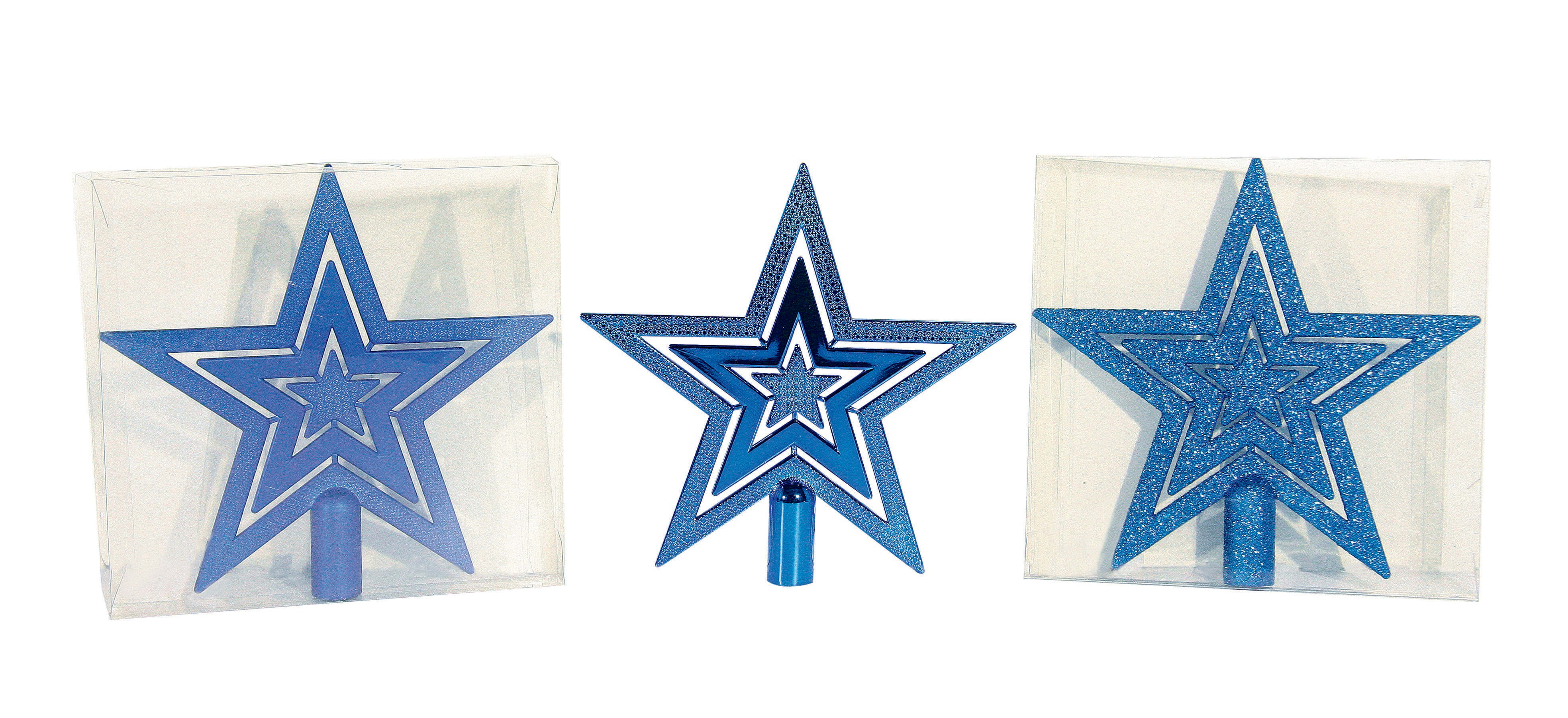 GIOCOPLAST NATALE - PUNTALE TRIPLA STELLA PLASTICA BLU, MET. MAT. GLITTER, CM.21