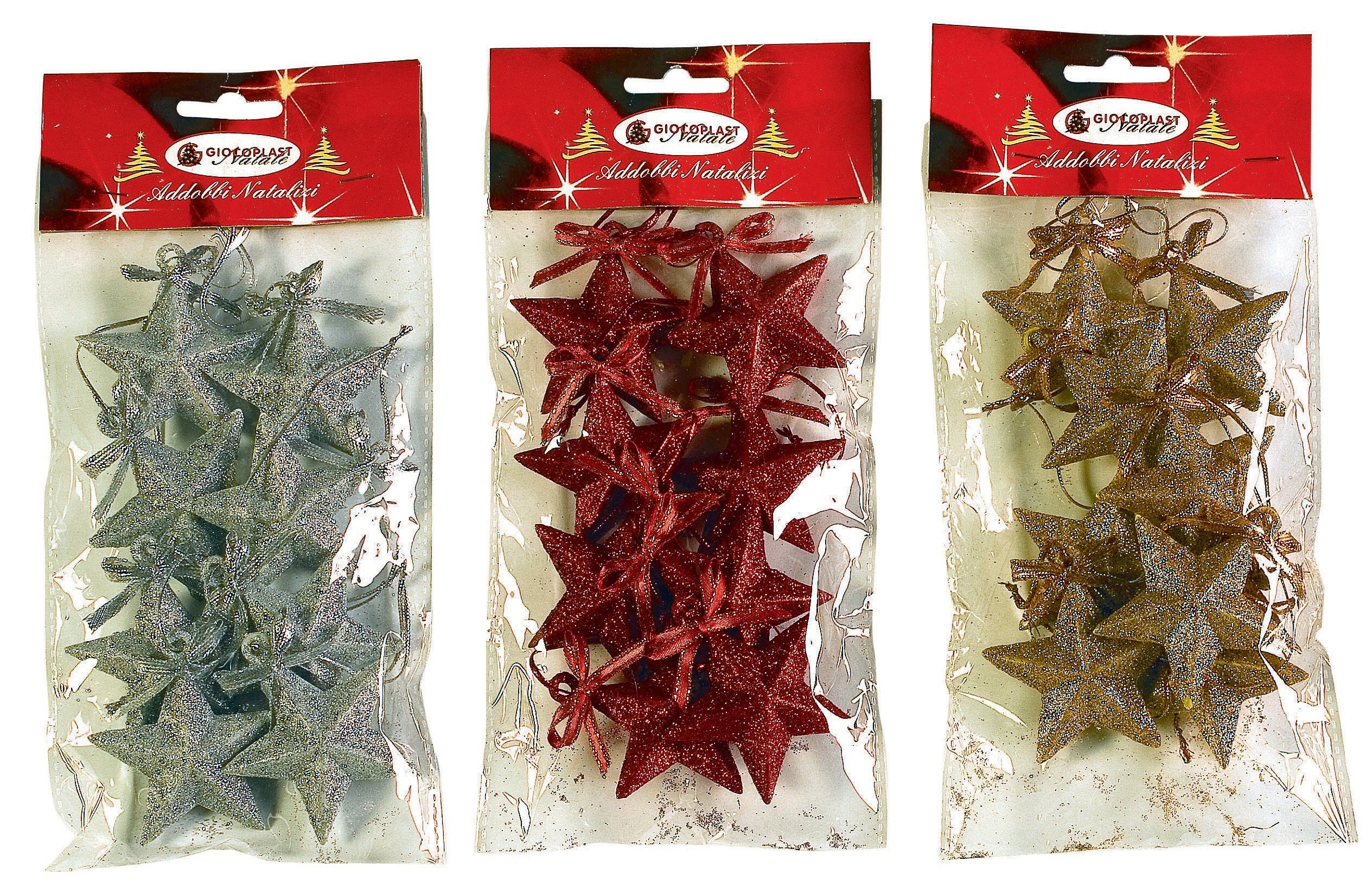 GIOCOPLAST NATALE - 8 STELLINE GLITTERATE C/NASTRO IN BUSTA CM.5, 3 COL. ASS.: ROSSO, ORO, ARG.