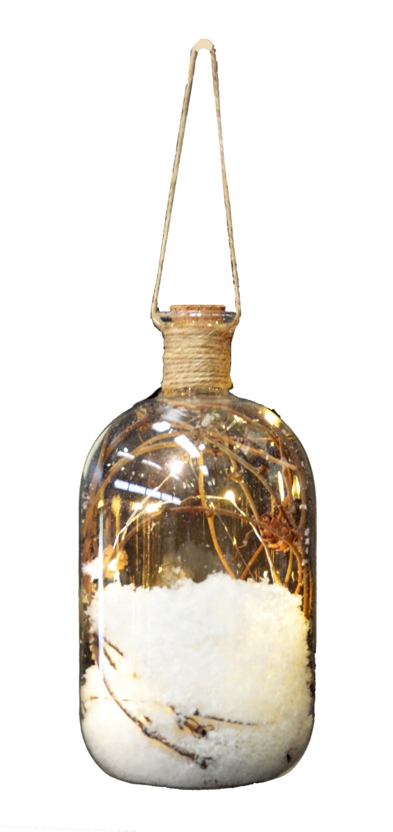 GIOCOPLAST NATALE - BOTTIGLIA CON DECORO NEVE E PIGNE 19CM CON 15 GOCCE DI LED BIANCO CALDO A BATTERIE
