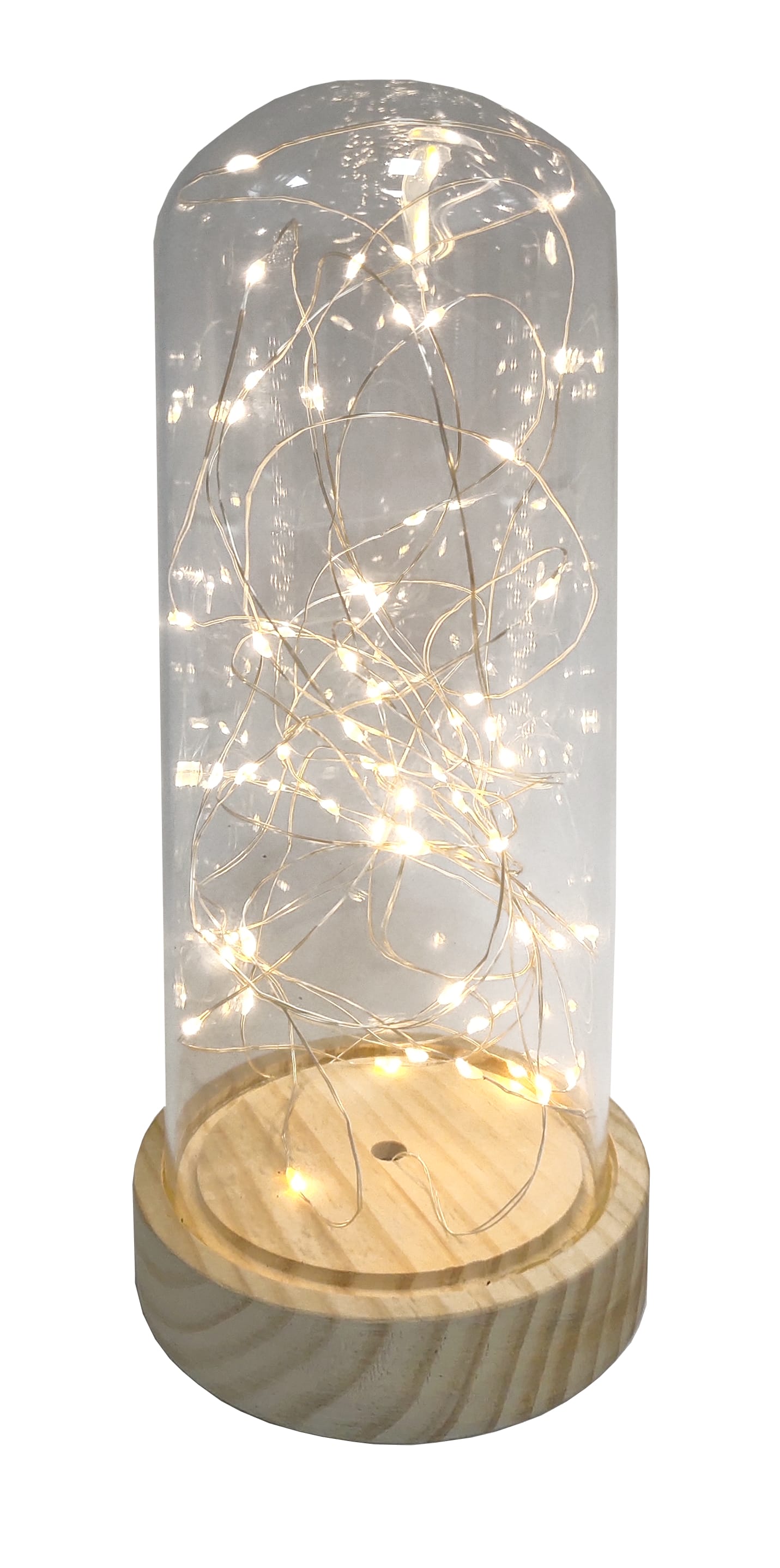 GIOCOPLAST NATALE - TECA VETRO 28 CM CON 60 GOCCE DI LED BIANCO CALDO A BATTERIE, BASE IN LEGNO