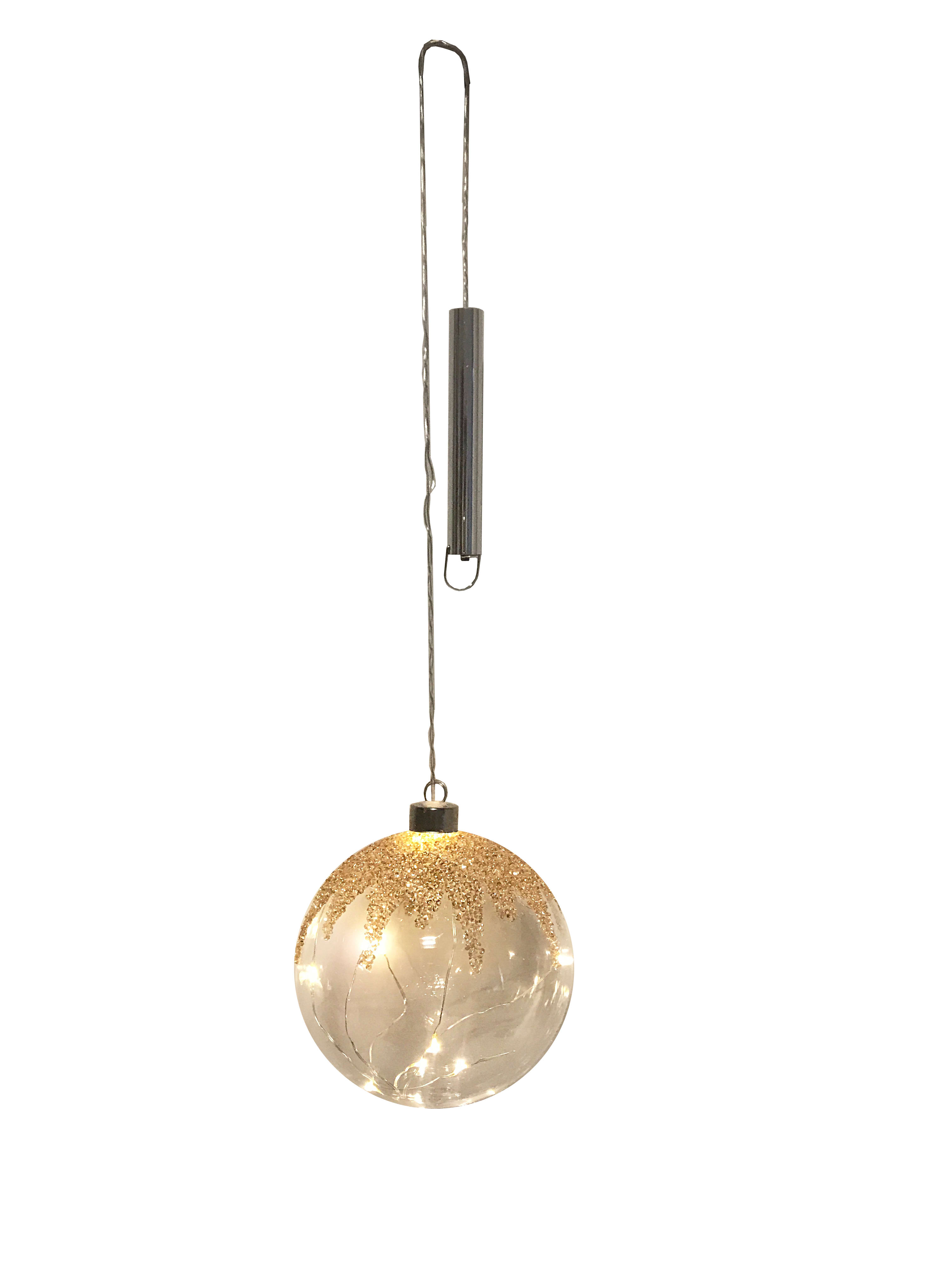 GIOCOPLAST NATALE - SFERA VETRO CLEAR DESIGN 12 CM CON DECORO CRISTALLI AMBRA, CON GOCCE DI LED BIANCO CALDO A BATTERIE