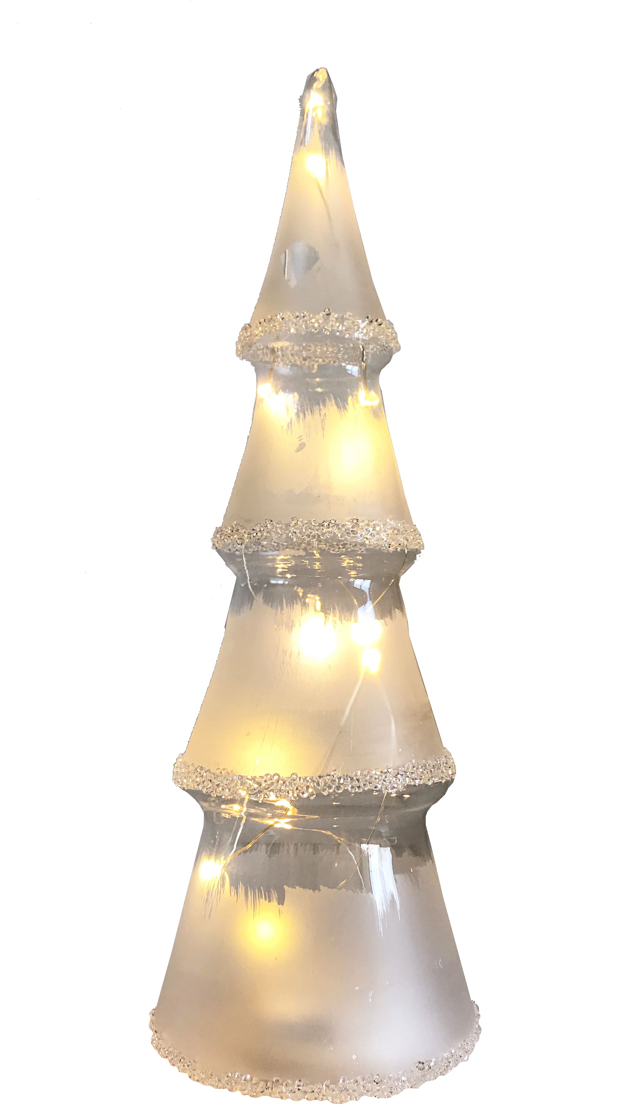GIOCOPLAST NATALE - ALBERO VETRO CLEAR DESIGN H.21 CM CON DECORO CRISTALLI IRIDESCENTI, CON GOCCE DI LED BIANCO CALDO A BATTERIE