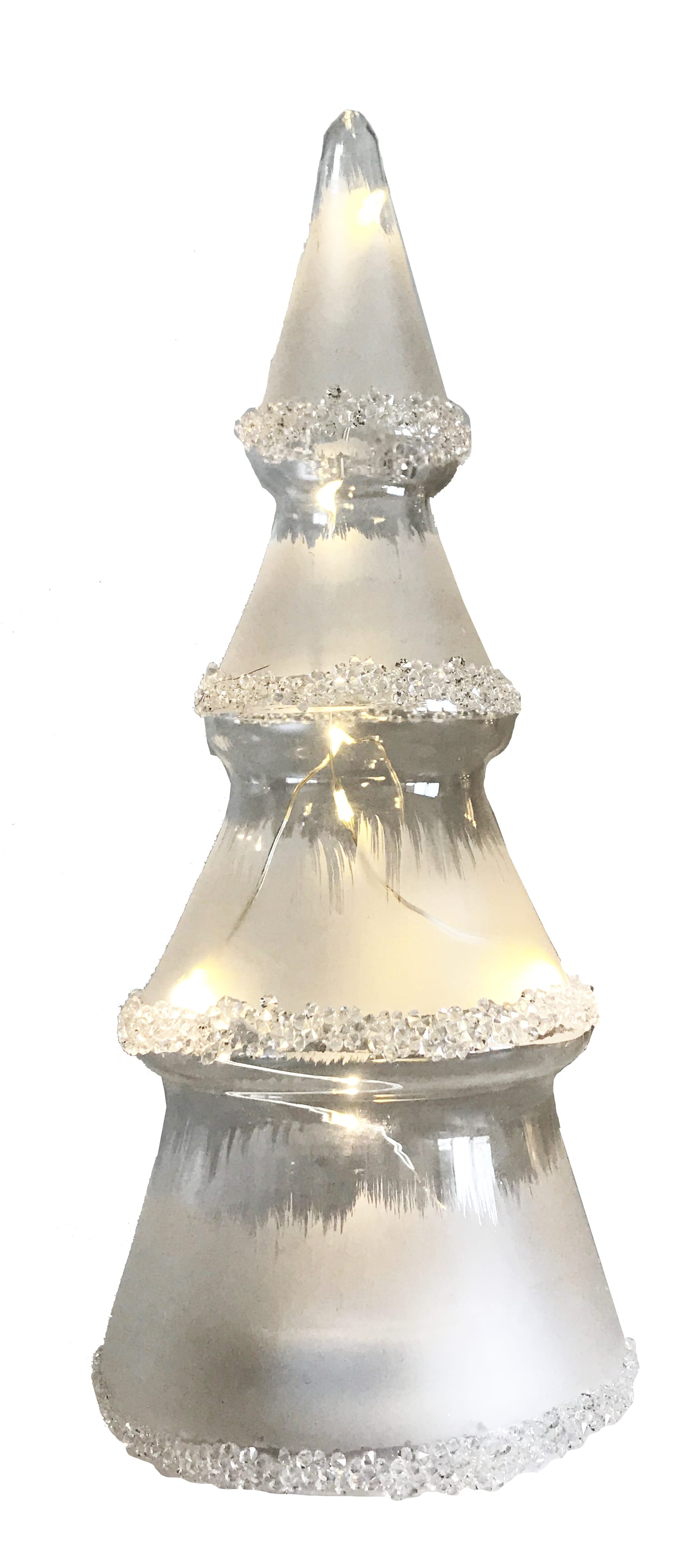 GIOCOPLAST NATALE - ALBERO VETRO CLEAR DESIGN H.32,5 CM CON DECORO CRISTALLI IRIDESCENTI, CON GOCCE DI LED BIANCO CALDO A BATTERIE