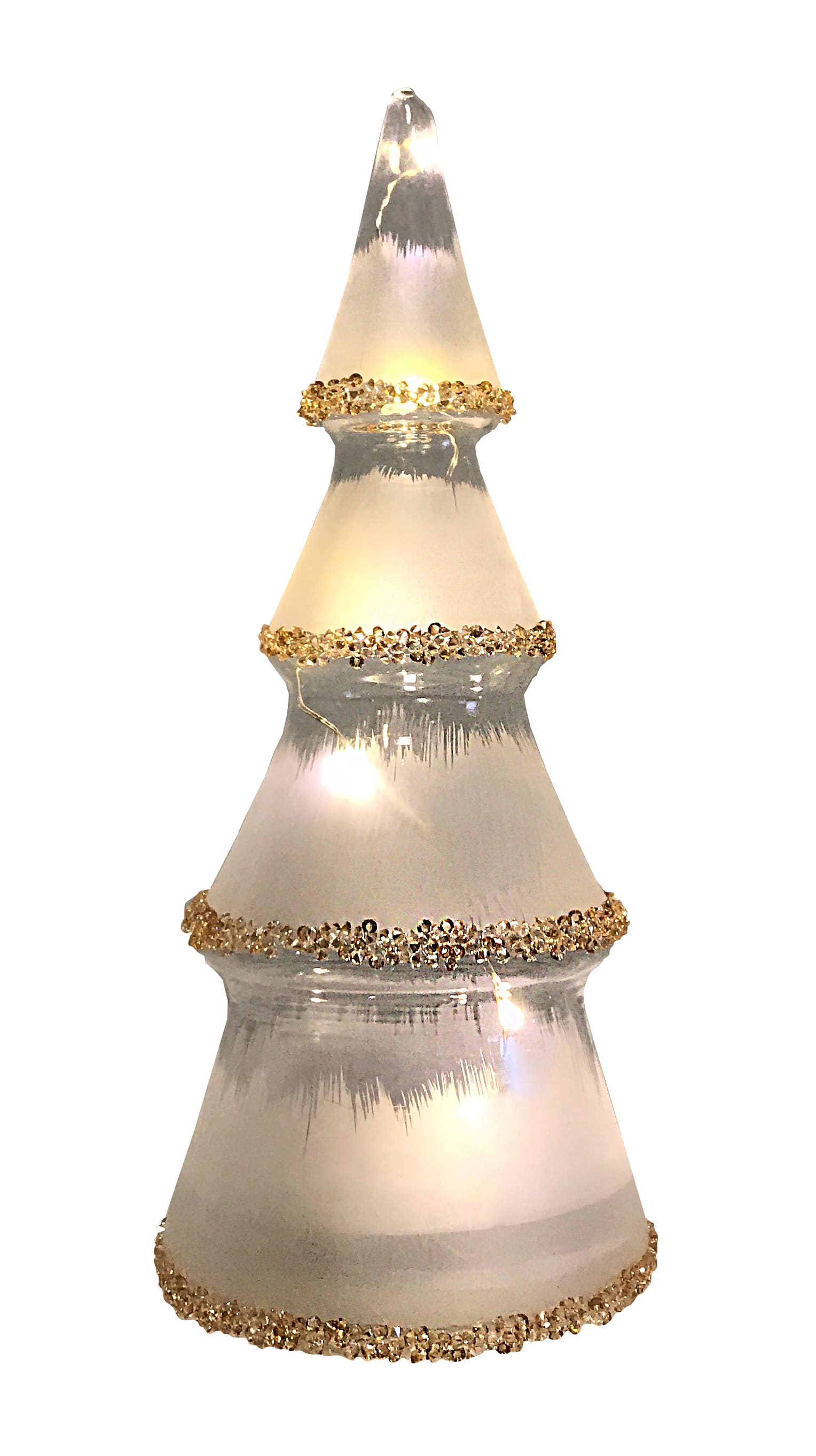 GIOCOPLAST NATALE - ALBERO VETRO CLEAR DESIGN H.21 CM CON DECORO CRISTALLI AMBRA, CON GOCCE DI LED BIANCO CALDO A BATTERIE