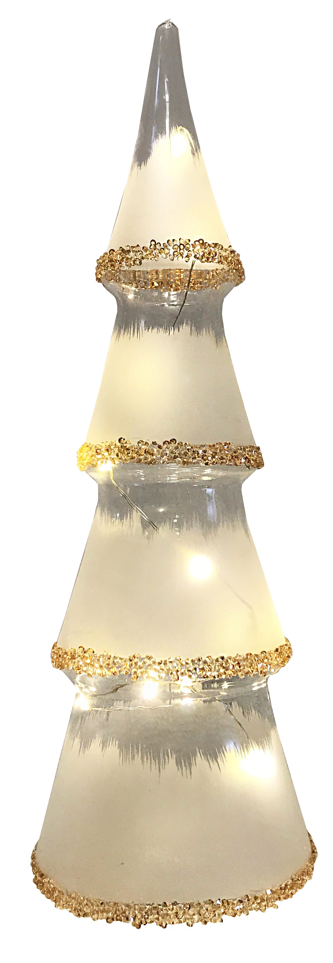 GIOCOPLAST NATALE - ALBERO VETRO CLEAR DESIGN H.32,5 CM CON DECORO CRISTALLI AMBRA, CON GOCCE DI LED BIANCO CALDO A BATTERIE