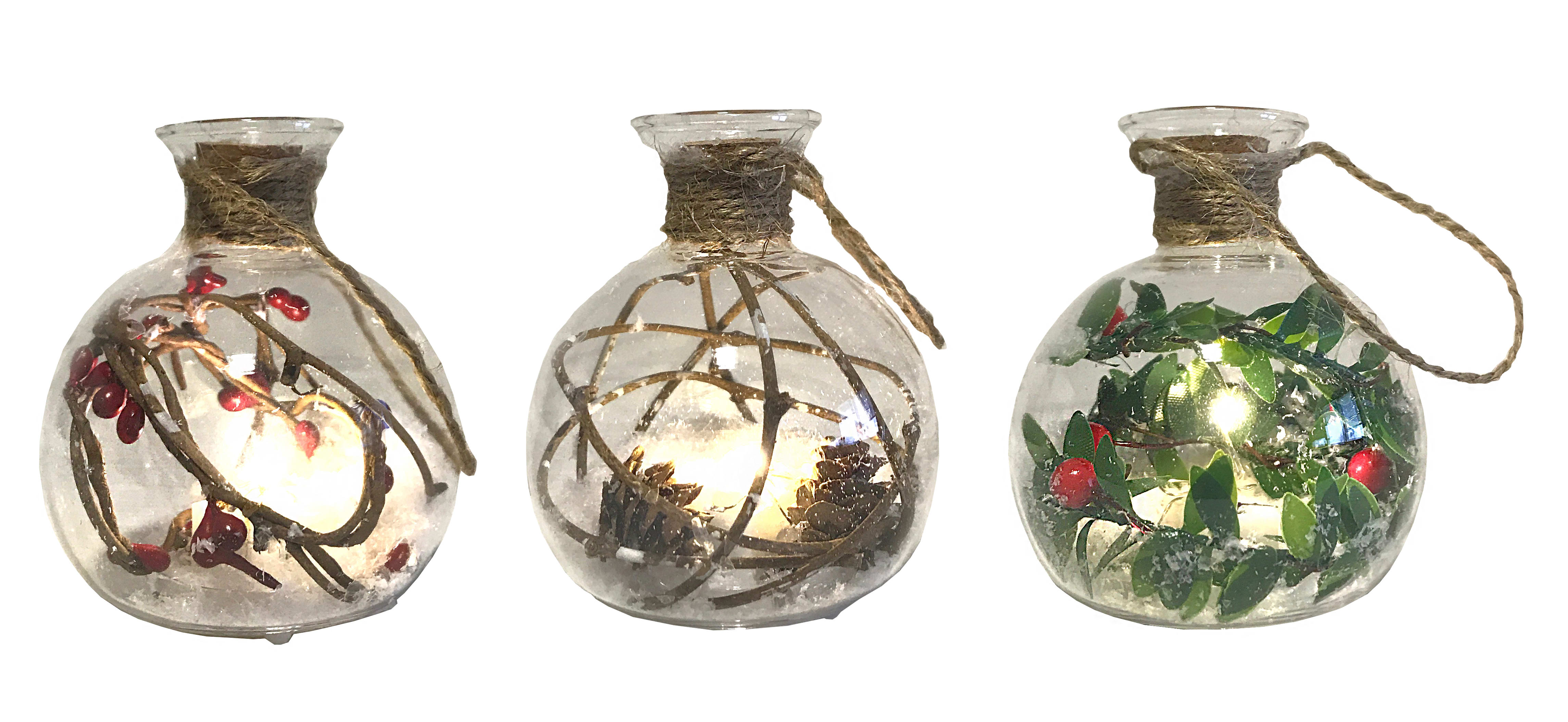 GIOCOPLAST NATALE - BOTTIGLIETTA VETRO DECORATA 7 CM CON LED BIANCO CALDO A BATTERIE, MOD. ASS.