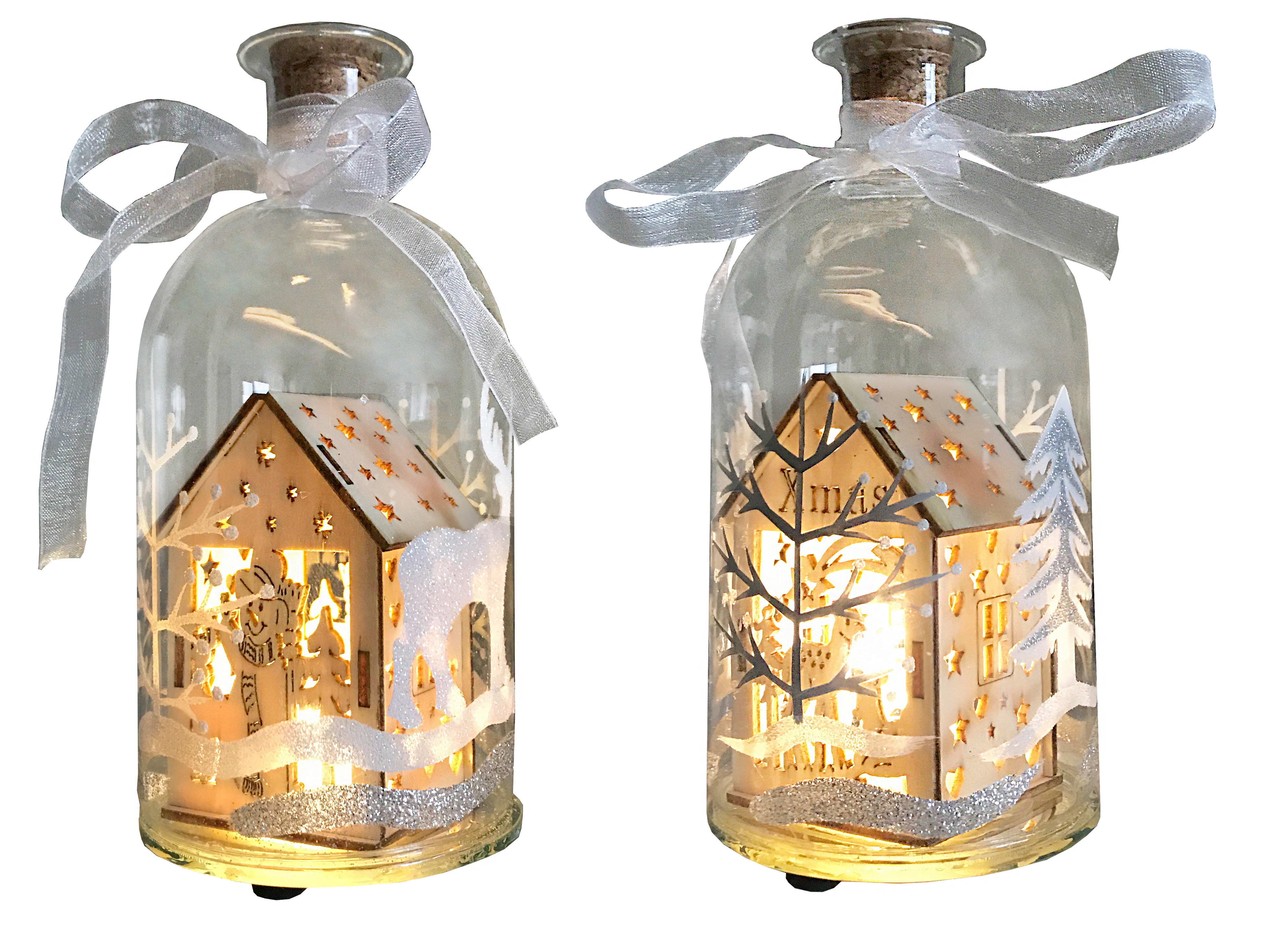 GIOCOPLAST NATALE - BOTTIGLIA VETRO DECORATA 16,5 CM, CON CASETTA LEGNO, CON GOCCE DI LED BIANCO CALDO A BATTERIE, MOD. ASS.